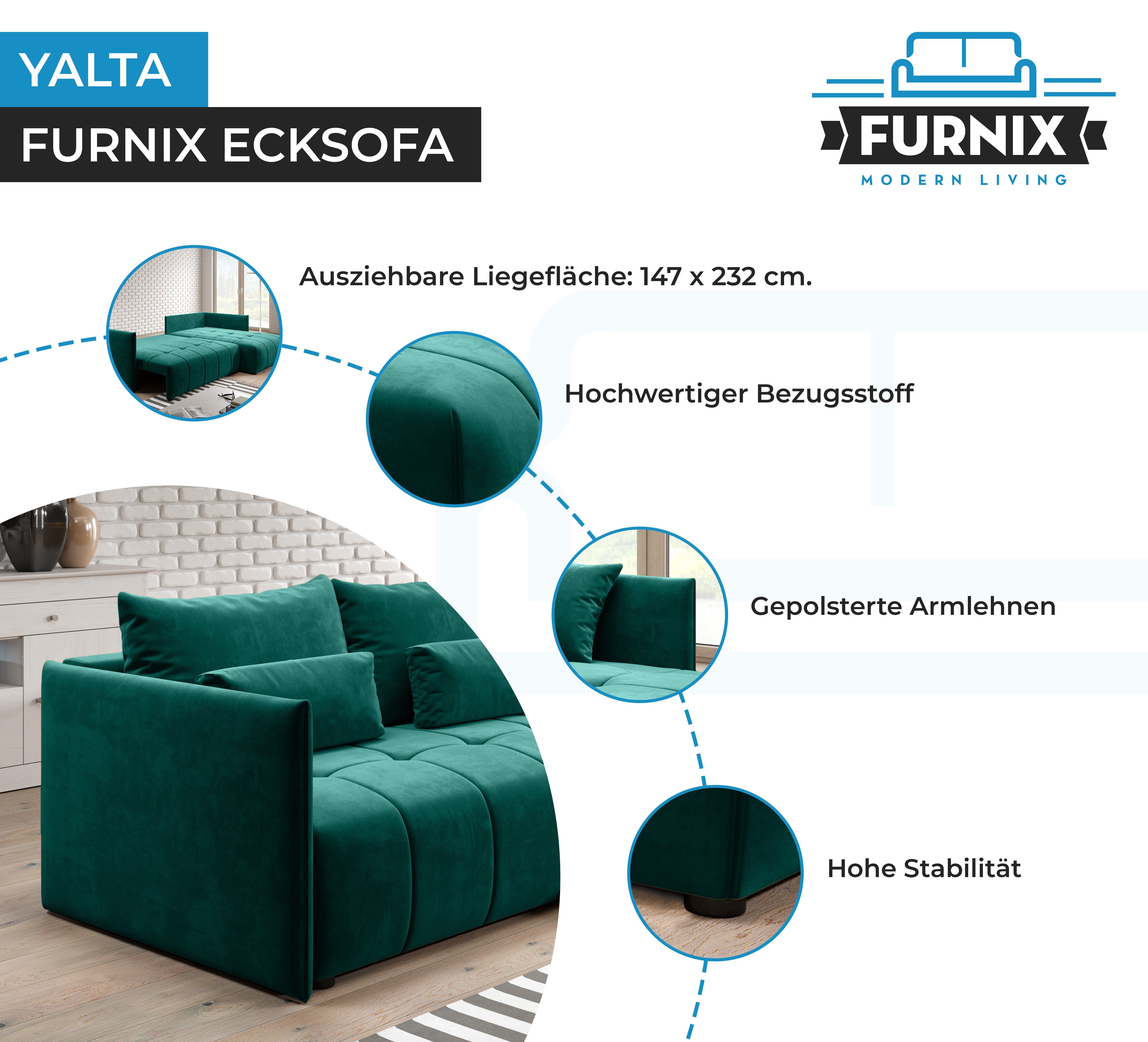 Schlafsofa und Europe Grün YALTA Couch Bettkasten mit in Ecksofa Furnix Made Kissen, MH ausziehbar 37