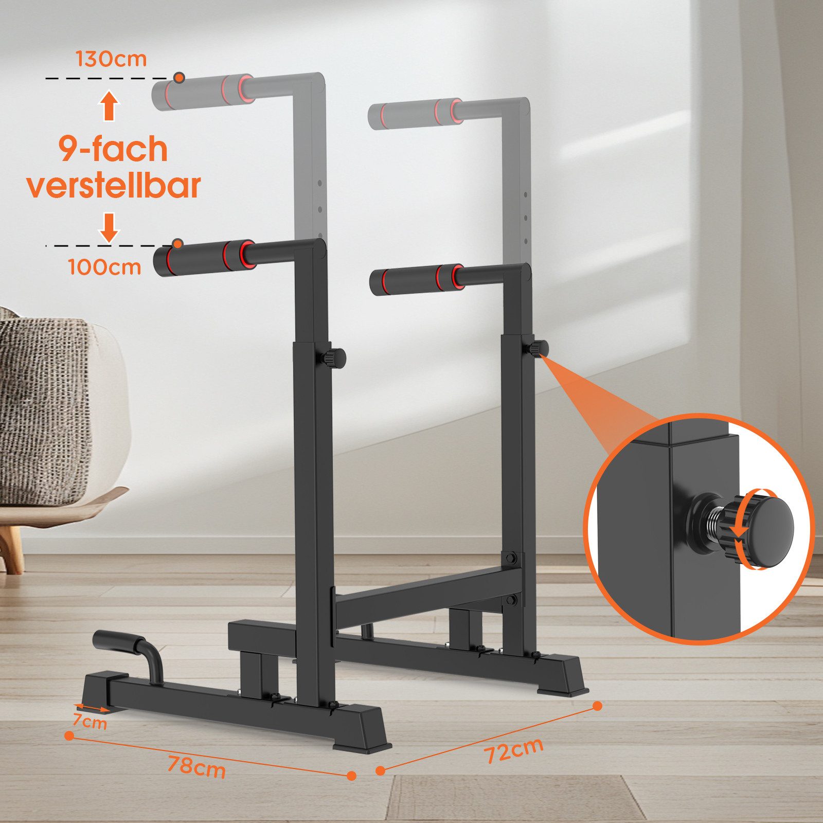 DH FitLife Liegestützgriffe Dip Barren Bars, Dipständer, Dip Station, Dip Stange (Kraftstation Fitnessgerät für Zuhause, Parallettes Calisthenics Training Equipment), Krafttraining 100-130 cm 9-fach verstellbar