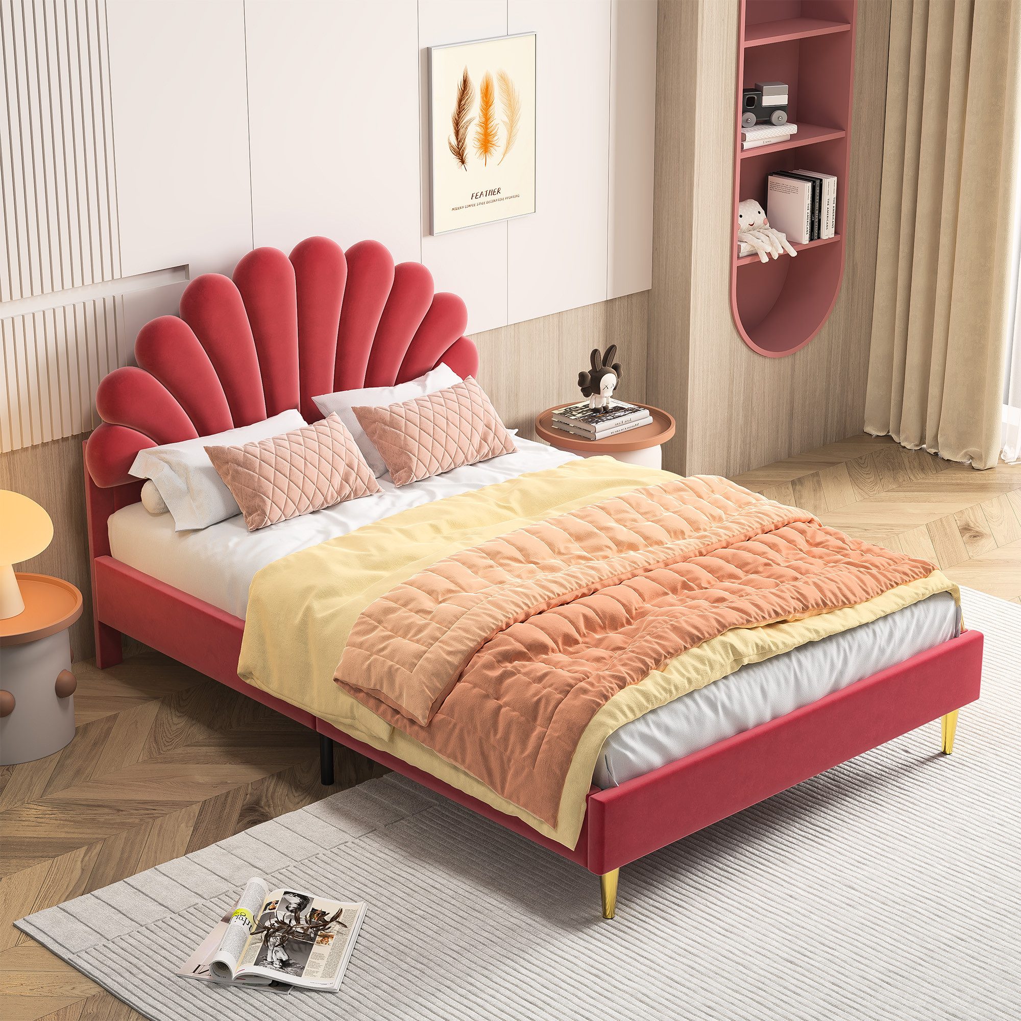 Furnishings Home Jugendbett Polsterbett Doppelbett Massivholzbett (Inklusive. Lattenrost), Blütenblattform Kopfteil, Samt, 140x200 cm