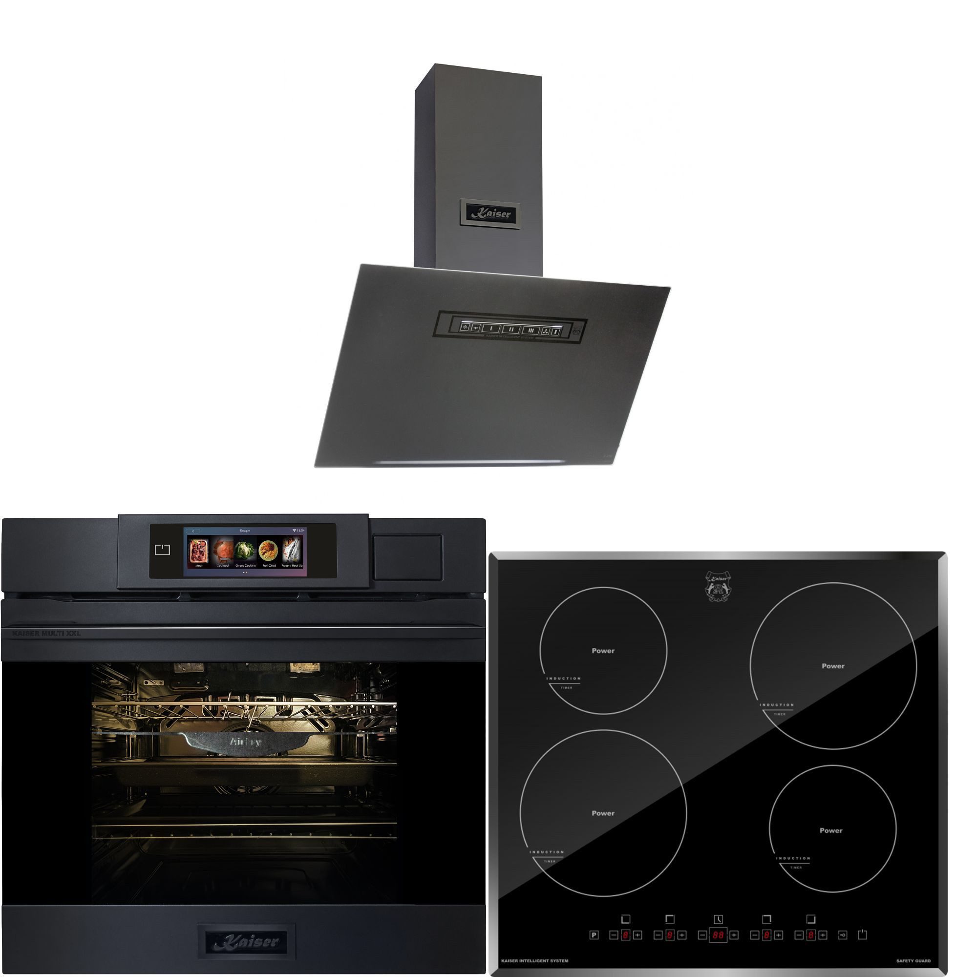 Kaiser Küchengeräte Backofen-Set Herd Set Autark XXL Multi 37,Multifunktions-Elektro-Dampfbackofen mit Dampfreinigung+Induktionskochfeld 60 cm, Autark,Facettenschliff, Kochfeld 4xQickHeat Kochzonen,Schwarz+Dunstabzugshaube 60cm Moire Glas in Graphitgrau 850m³/h EH 6341+ KCT 6105 FI+AT 6402 ECO., mit 1-fach-Teleskopauszug