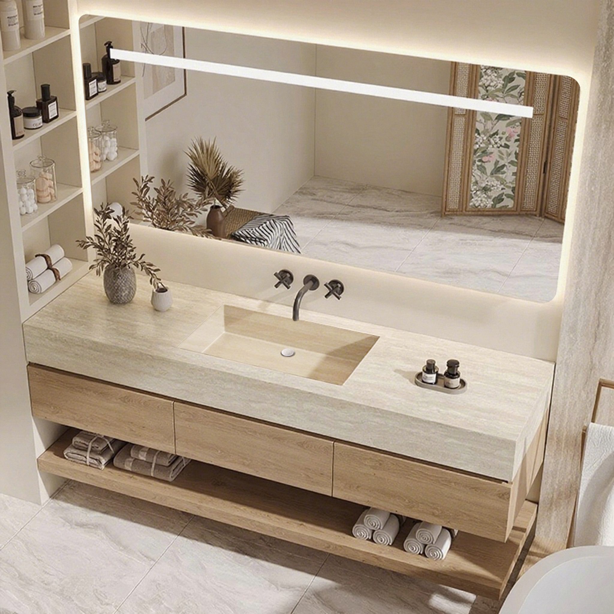 Muxing Badmöbel-Set Sinterstein Waschbecken Spiegel Unterschrank Ablage YT, (Set, 4-St)