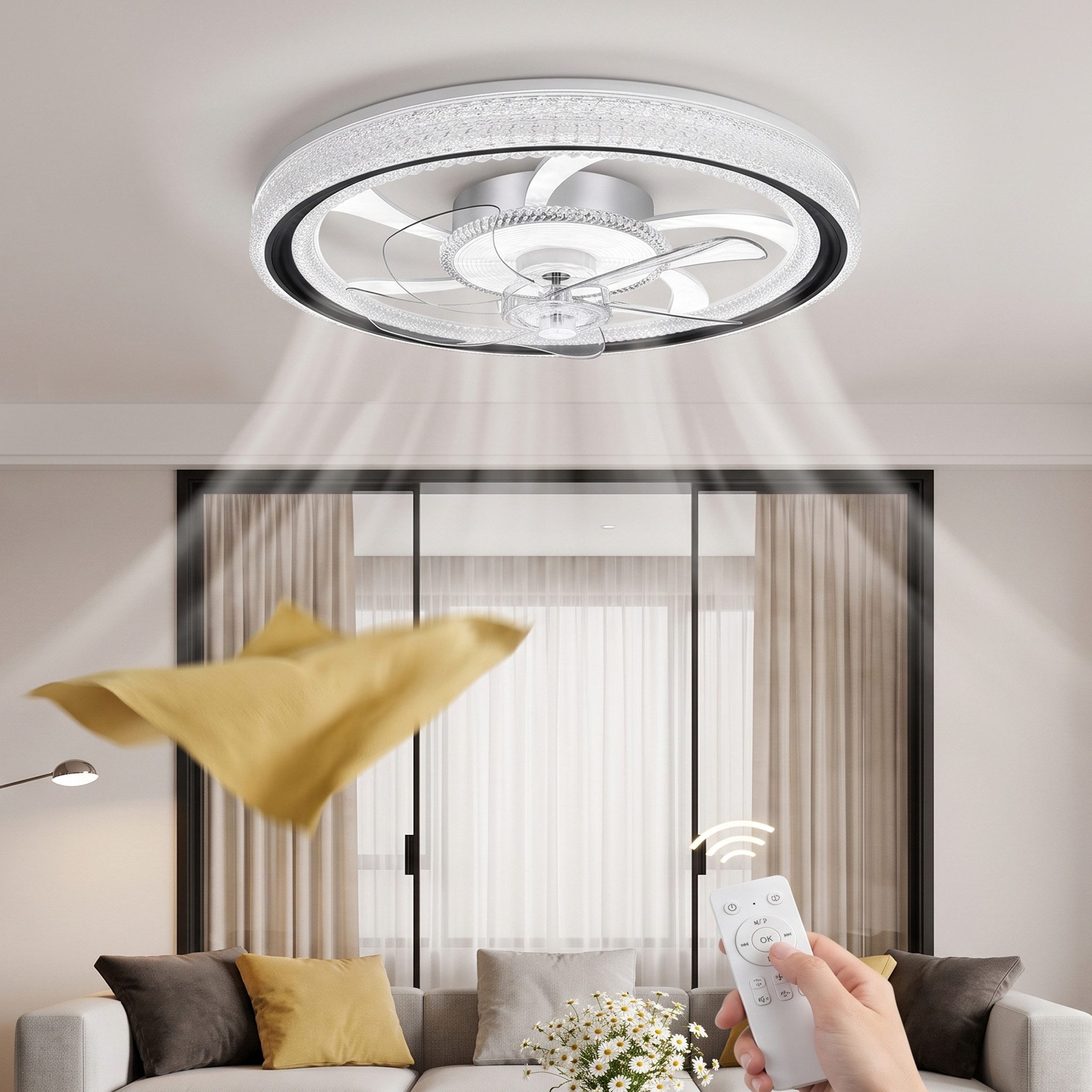 oyajia Deckenventilator 75W Leise Deckenventilator, RGB Farbwechsel LED Deckenleuchte 50cm, APP Dimmbar LED Deckenventilator Leuchte für Schlafzimmer Küche Hotel