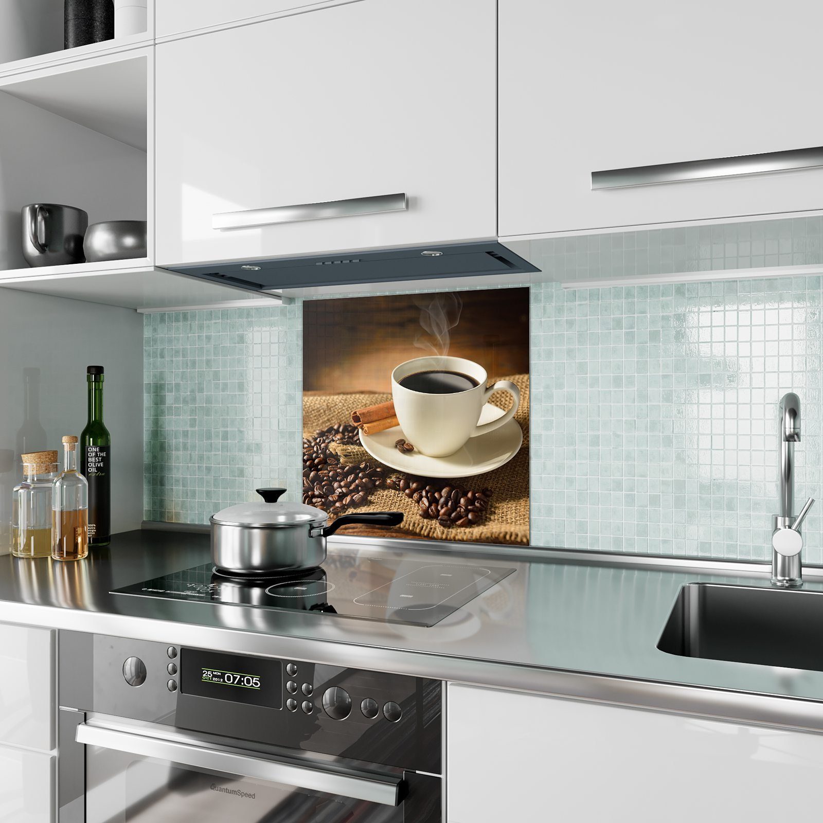 Primedeco Kaffee Spritzschutz Zimtstangen Glas und Küchenrückwand