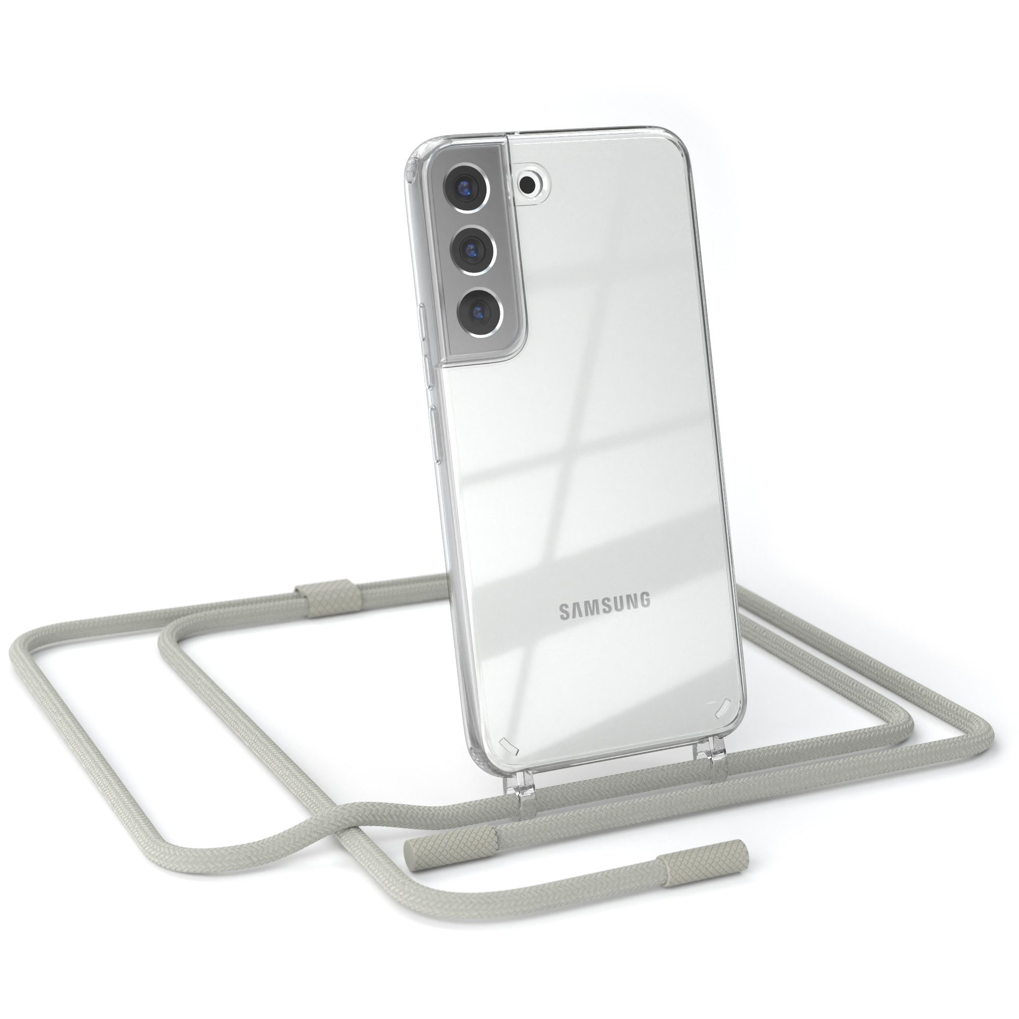 EAZY CASE Handykette Silikon Kette Unifarbe für Samsung Galaxy S22 5G 6,1 Zoll, Schutzhülle zum Umhängen Hülle mit Umhängeband Kettenhülle Grau Taupe