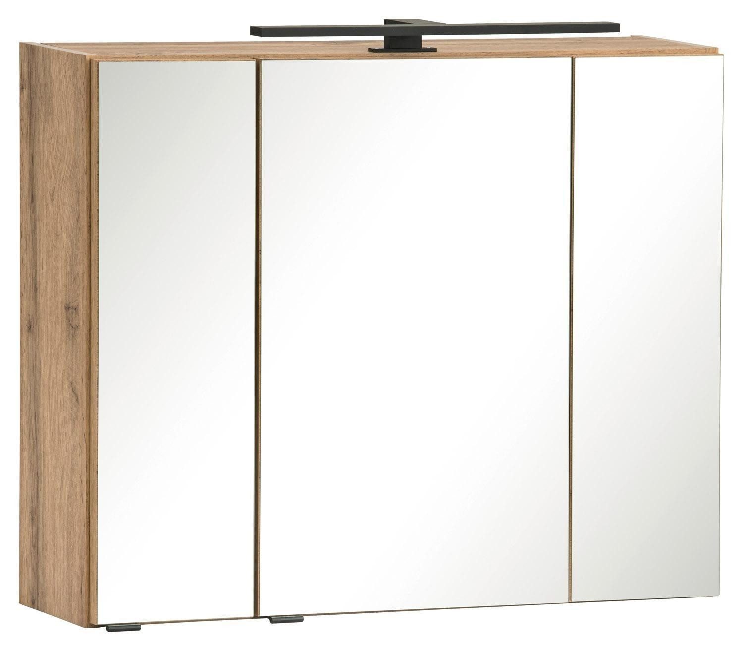 Vito Spiegelschrank KEYTO, 3 Türen, Wotan Eiche Dekor, LED-Beleuchtung, Schalter-Steckdosen-Element, B 80 x H 64 x T 20 cm