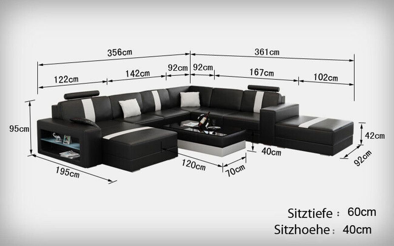 Moderne U Couchen+USB Ecke Sitzpolster Couch Ecksofa Leder Designer förmige JVmoebel