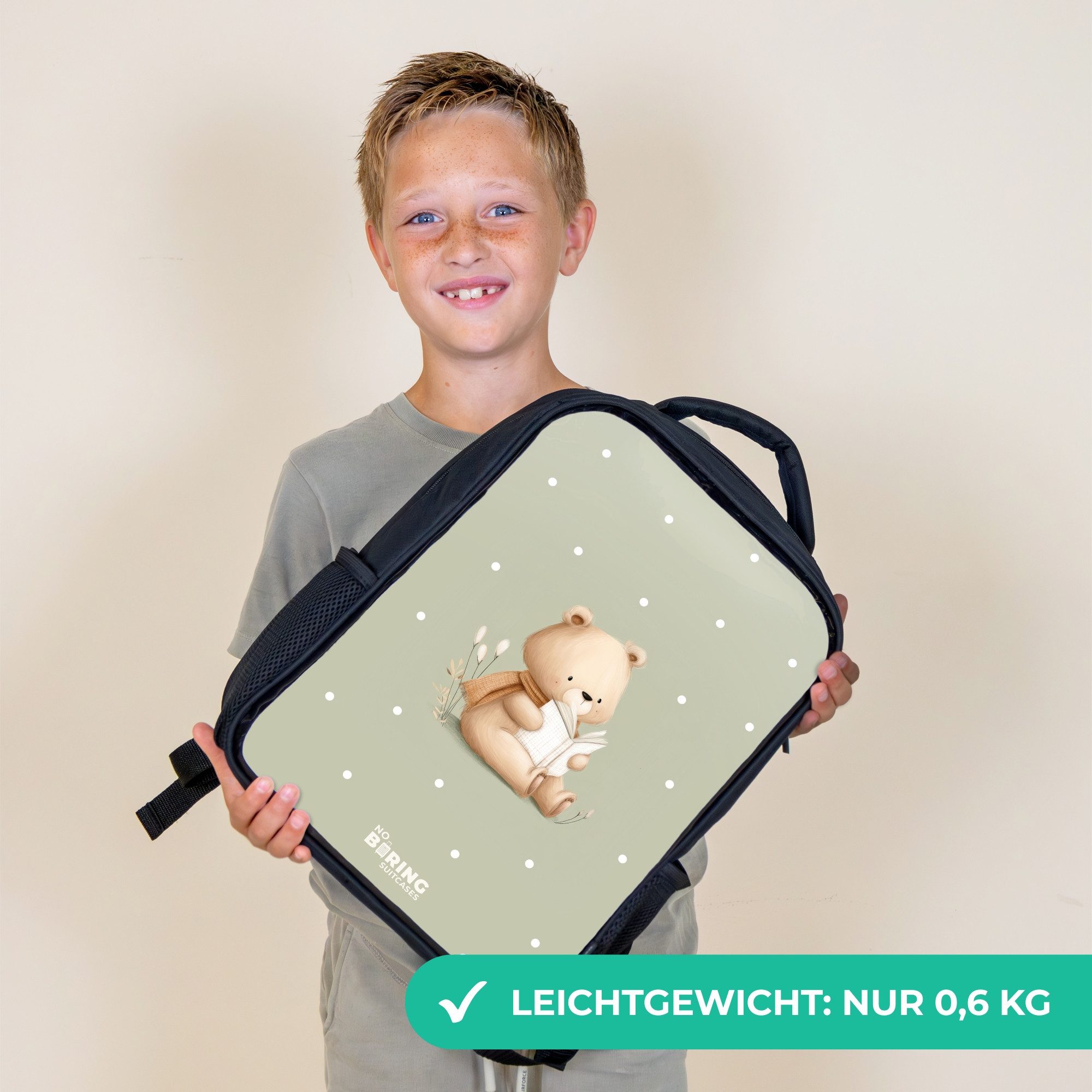 NoBoringSuitcases.com© Rucksack Ein Braunbär liest ein Buch - Grün, Kinderrucksack Schwarz, Schulrucksack, Freizeitrucksack Jungen Mädchen