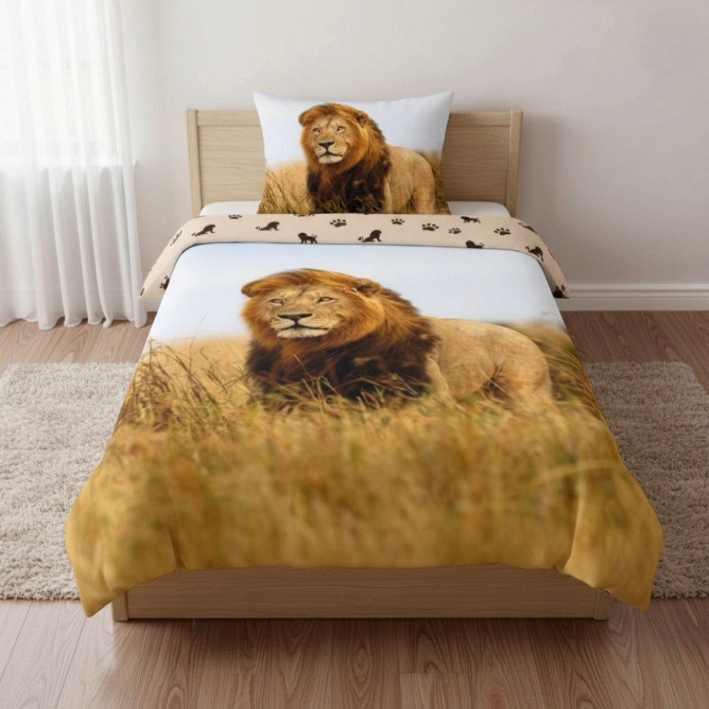 BrandMac Kinderbettwäsche Bettwäsche Set Löwe Savanne Safari 2-teilig 135x200cm 100% Baumwolle, 2 teilig, Langlebig