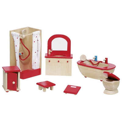 goki Puppenmöbel Badezimmer Set (7tlg), aus Holz, mit Waschbecken, Toilette und Dusche, für Puppenhaus