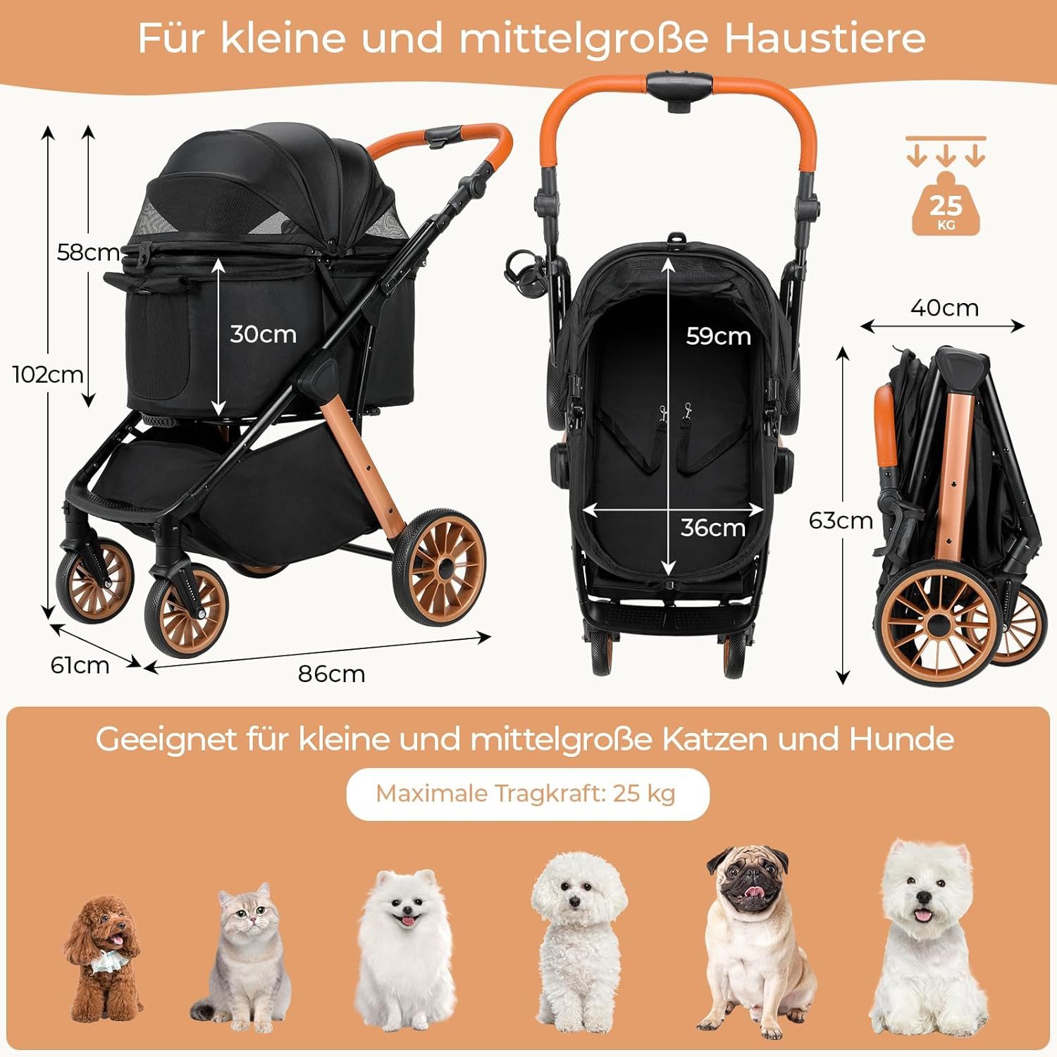 TLGREEN Hundebuggy One-Touch Faltbarer bis 25 kg, (Leichter Katzenwagen mit 360° Rädern & Belüftung, Großer Stauraum), Ideal für Kleine Hunde, Ältere Tiere, Reisen, Tierarzt