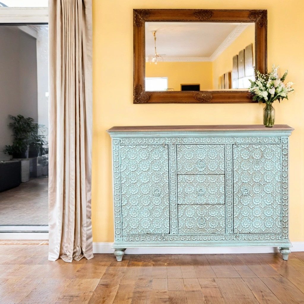 Marrakesch Orient & Mediterran Interior Sideboard Vintage Sideboard Kabira modern aus Mangoholz in Braun-Blau 107 cm (1 St), Handarbeit
