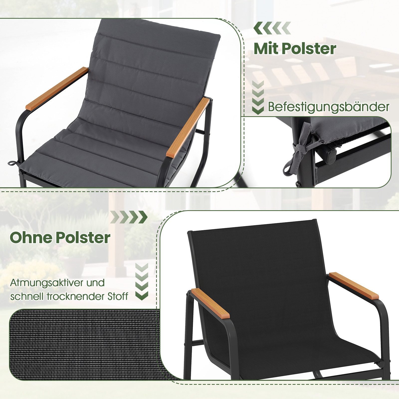 COSTWAY Balkonset, (3-tlg), Bistro-Set, 2 Schaukelstühlen mit Kissen, Tisch