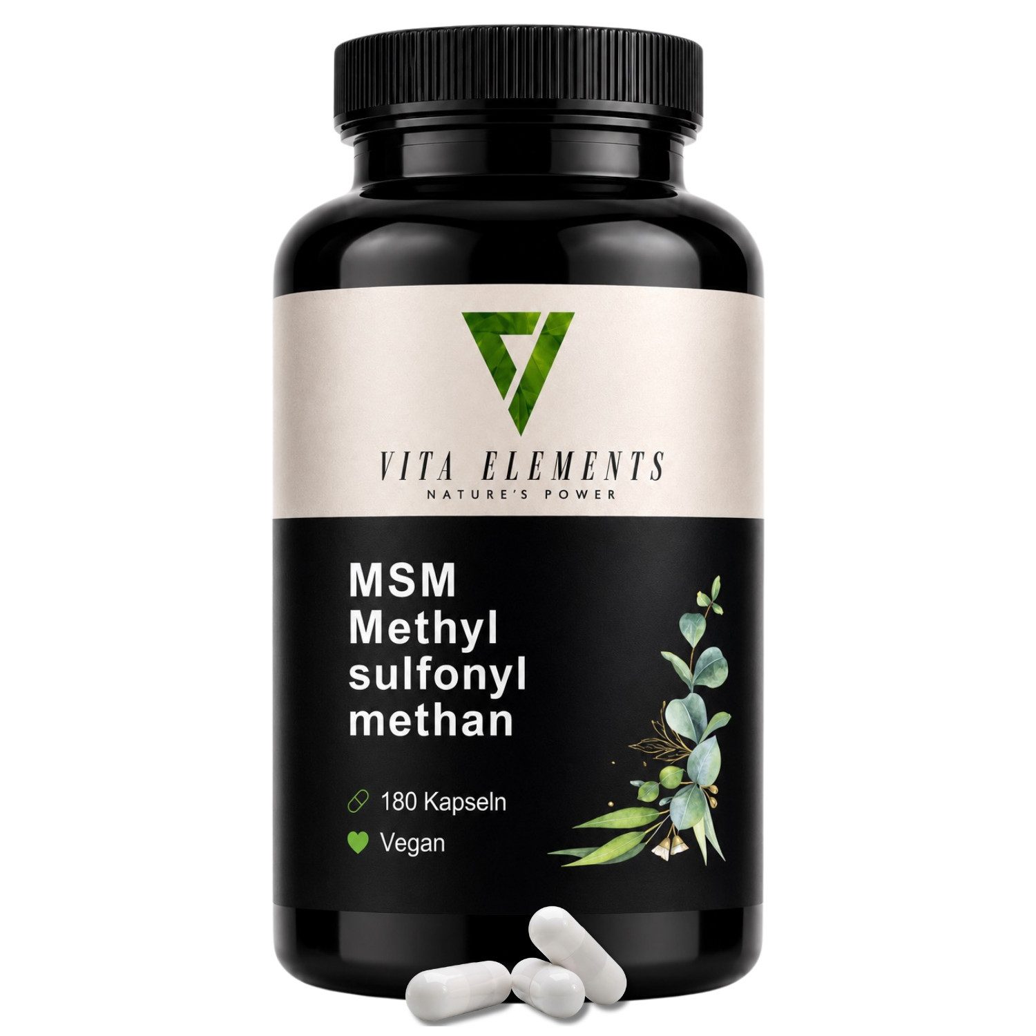 Vita Elements MSM - 1600mg Methylsulfonylmethan, 180 Kapseln, 1 er Packung à 180 St., Vegan, 100% Rein, Ohne unnötige Zusätze, Laborgeprüft in Deutschland