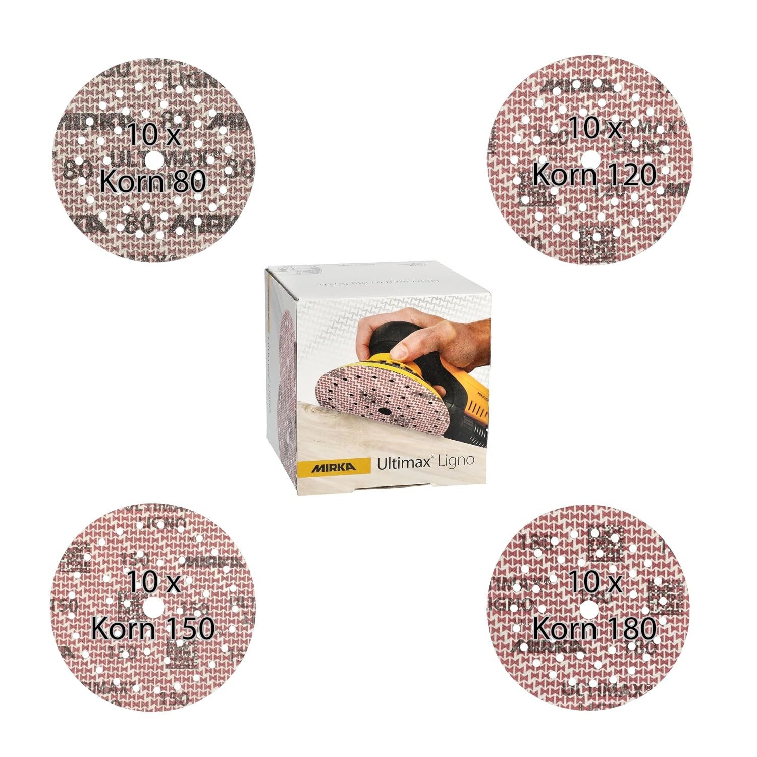 Mirka Schleifscheibe Ultimax Ligno, (40 St), Ø 125 mm, Mix-Pack 80/120/150/180, je 10 Stk