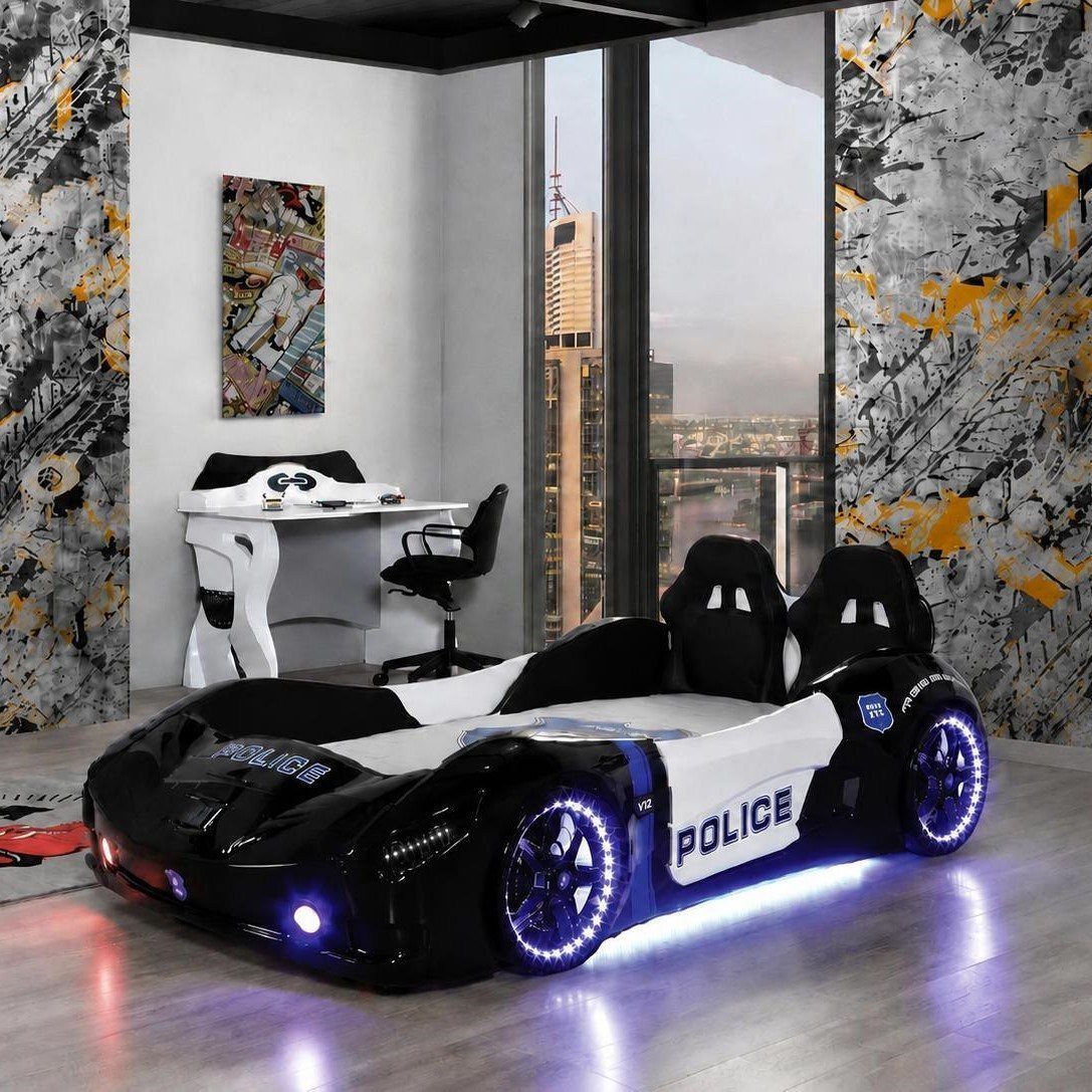 JVmoebel Autobett Autobett Polizei Kinderbett Rennwagen Schwarz LED Schreibtisch (2-tlg), Made in Europa