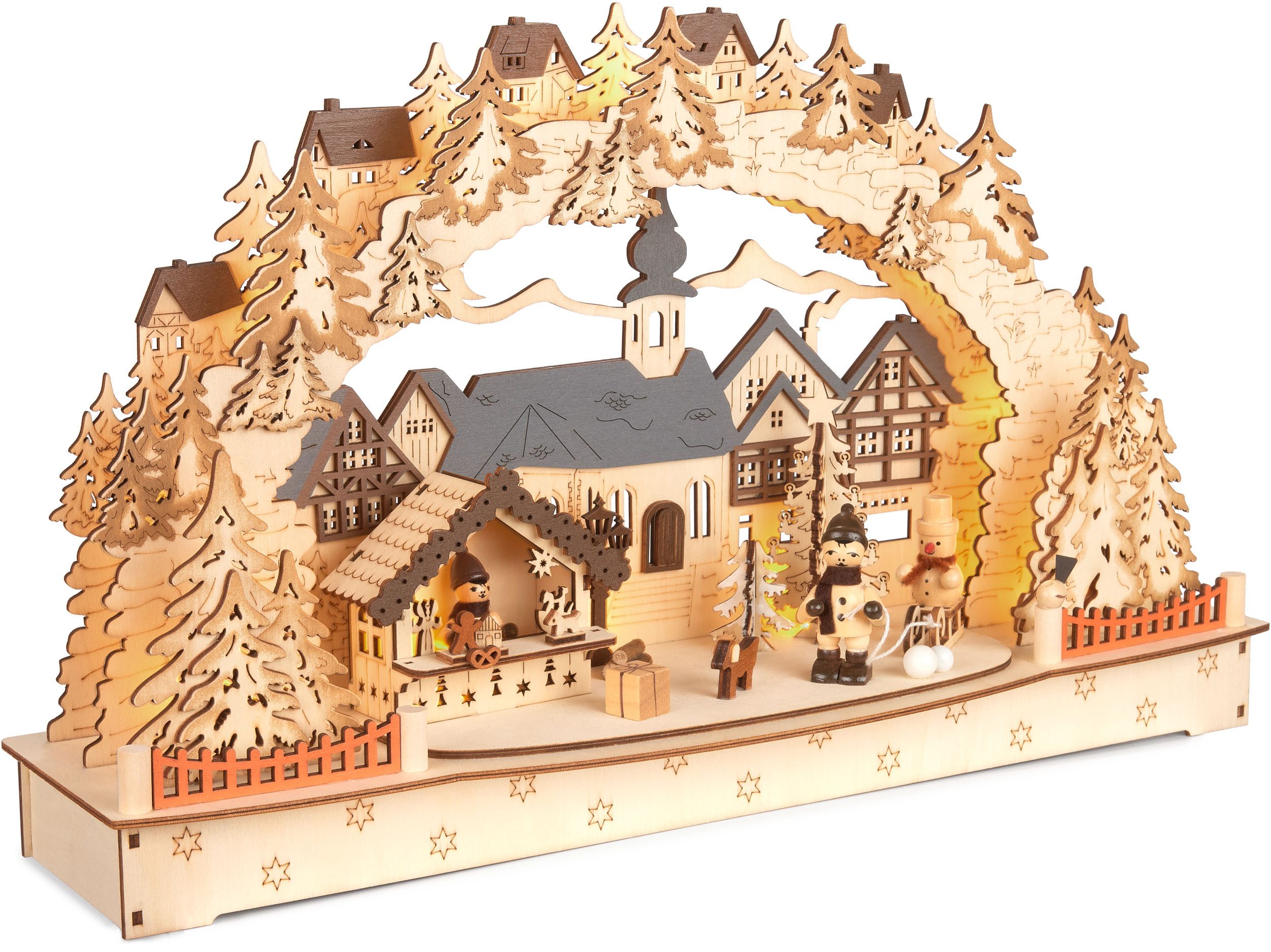BRUBAKER LED Lichterbogen 3D Schwibbogen - Großes Weihnachtsdorf 2025 - Deko für Tisch & Fenster, Weihnachtsbeleuchtung aus Holz Natur - Handbemalte Weihnachtsdeko