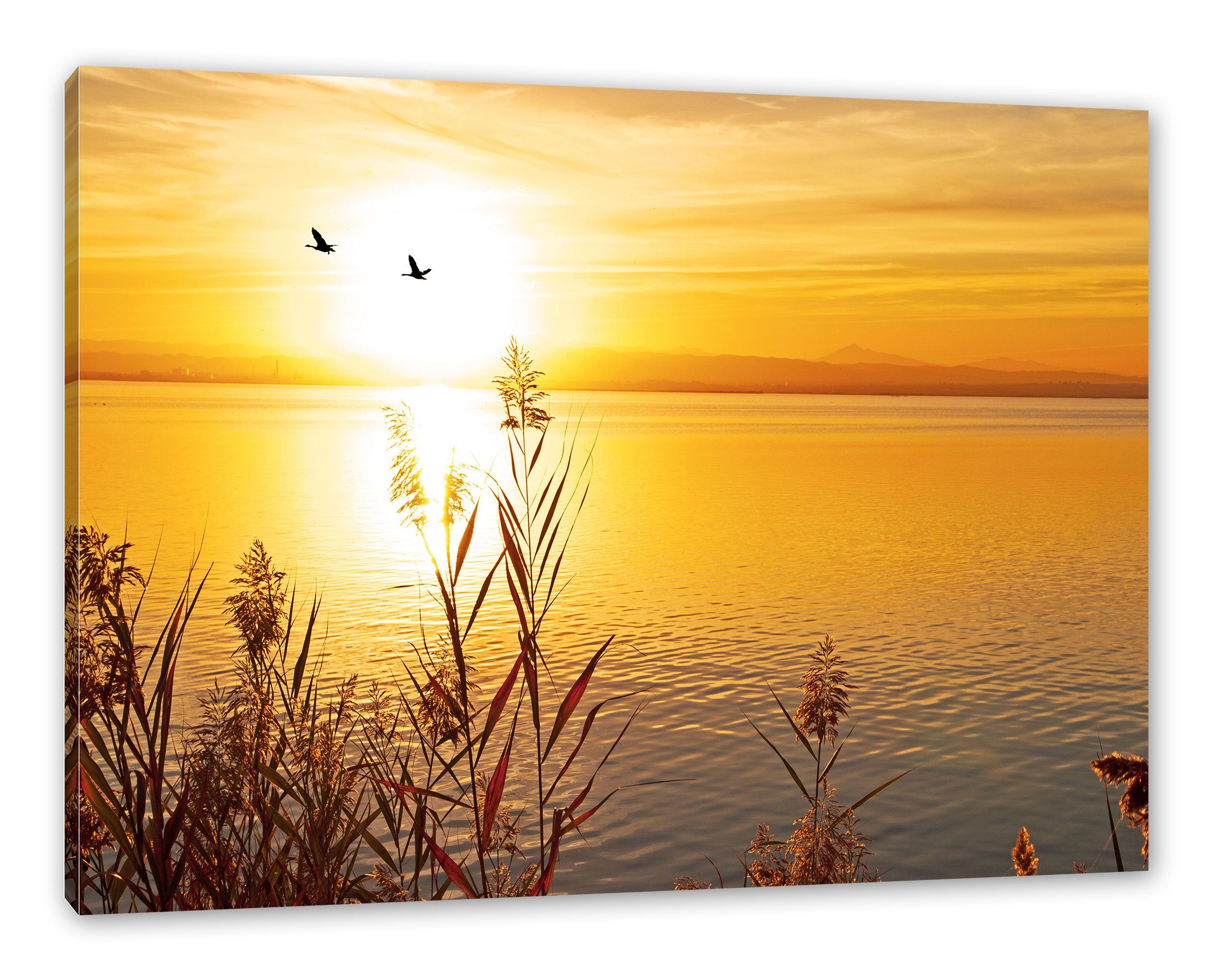 Pixxprint Leinwandbild Sonnenuntergang am See, Leinwandbild St), Zackenaufhänger inkl. See (1 bespannt, am Sonnenuntergang fertig