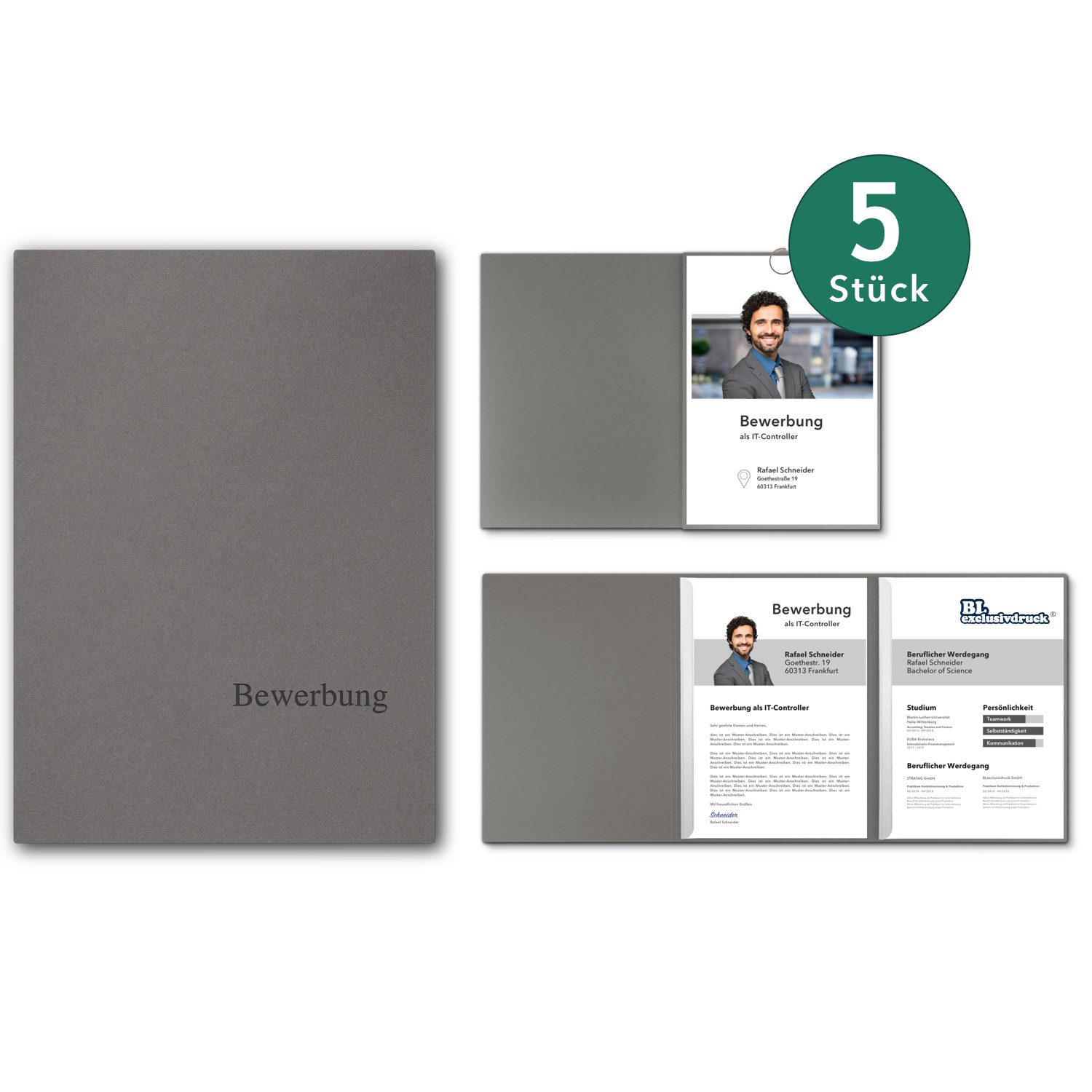 STRATAG Bewerbungsmappe SELECT OPTIMA - 5 Stück 3-teilig mit 2 Klemmschienen (Set, 5-St., Naturkarton - Premium-Qualität mit hochwertiger Prägung Bewerbung), direkt vom Hersteller STRATAG - handgefertigt in Deutschland