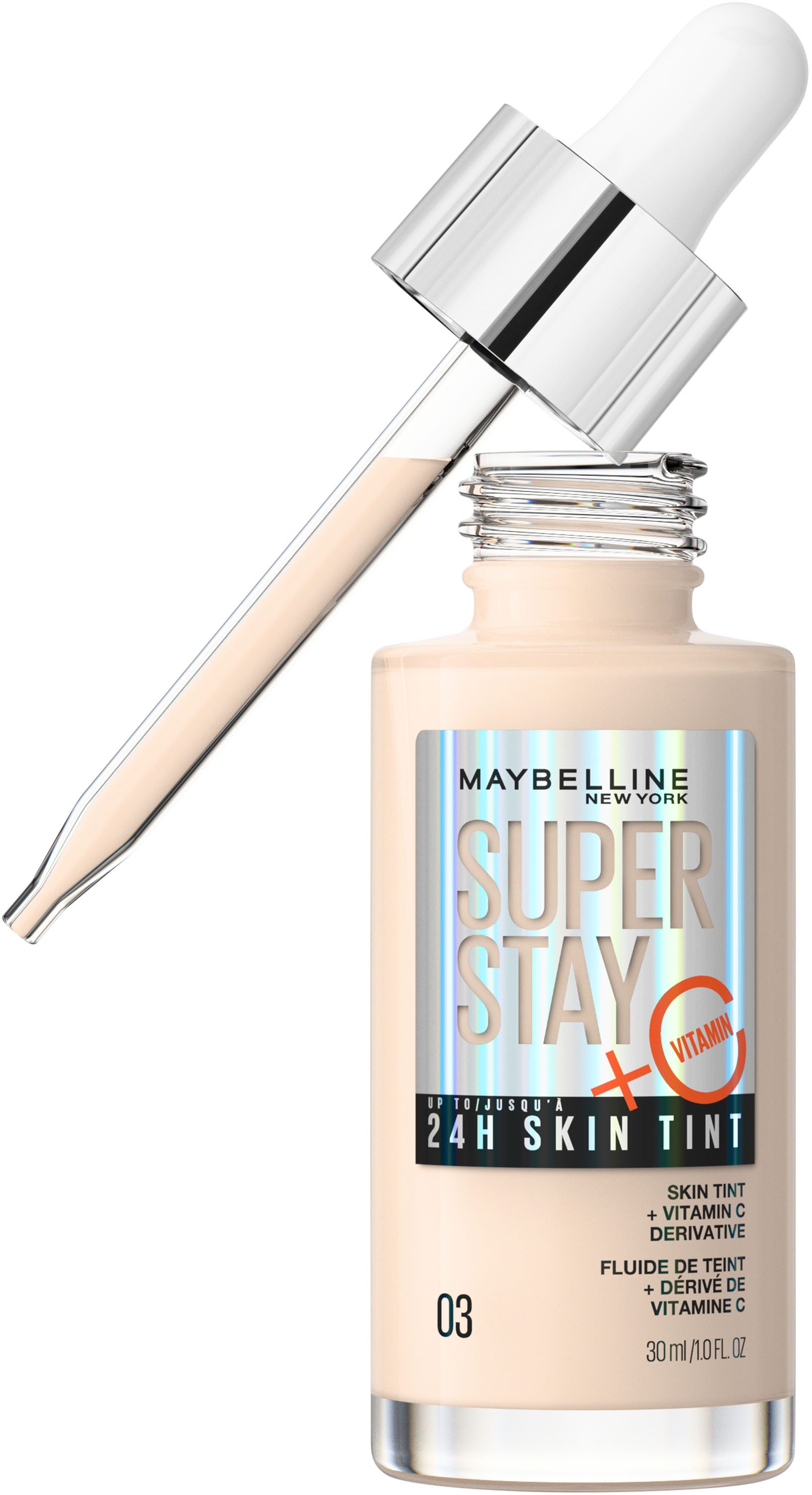MAYBELLINE NEW YORK Foundation SUPER STAY 24H SKIN TINT MIT VITAMIN C, bietet dank hautähnlicher Pigmente eine leichte bis mittlere Deckkraft