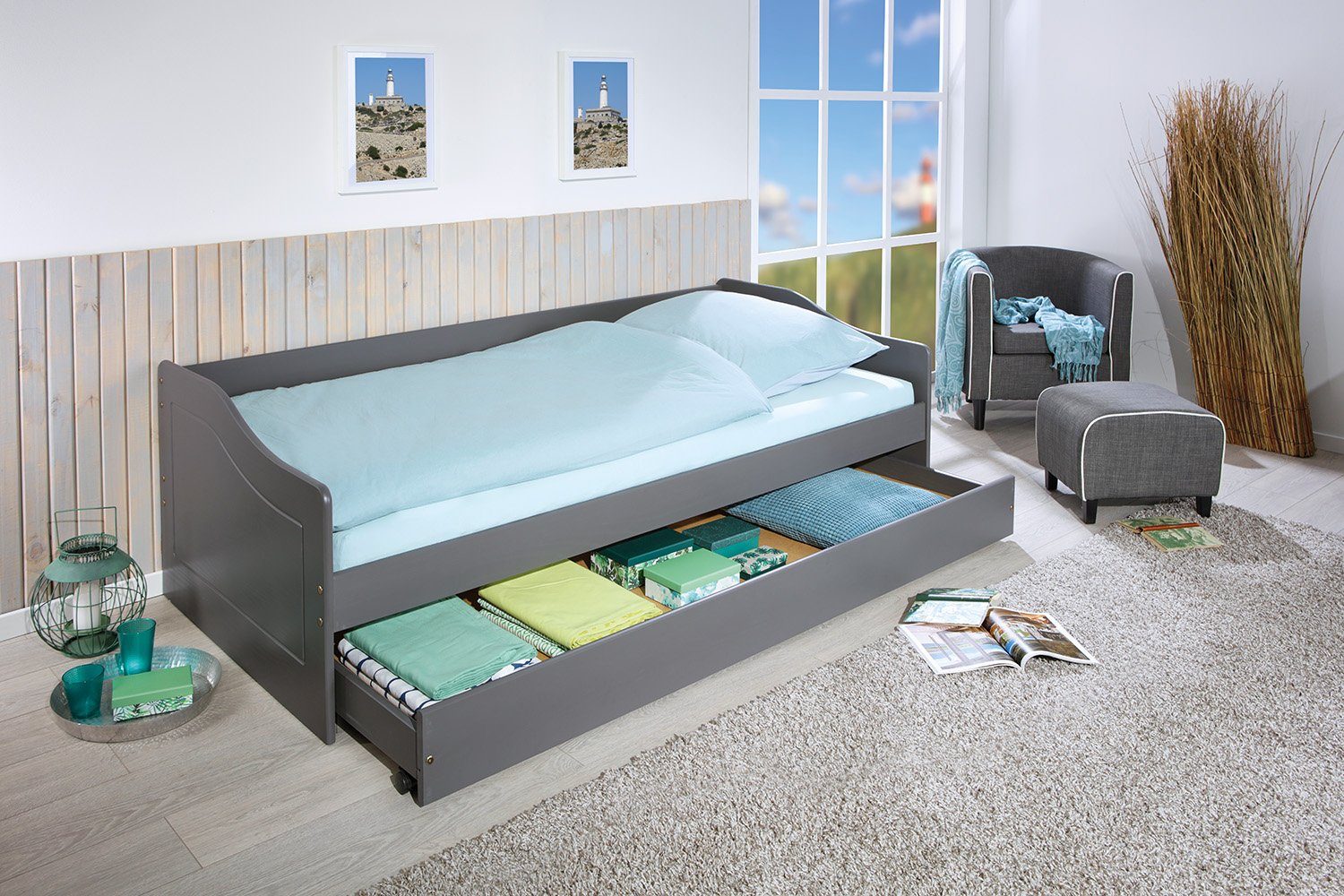 Inter Link Funktionsbett Malte, 2 in 1 Gästebett aus Massivholz, 2 Liegeflächen in 90x200, in 2 Farben grau