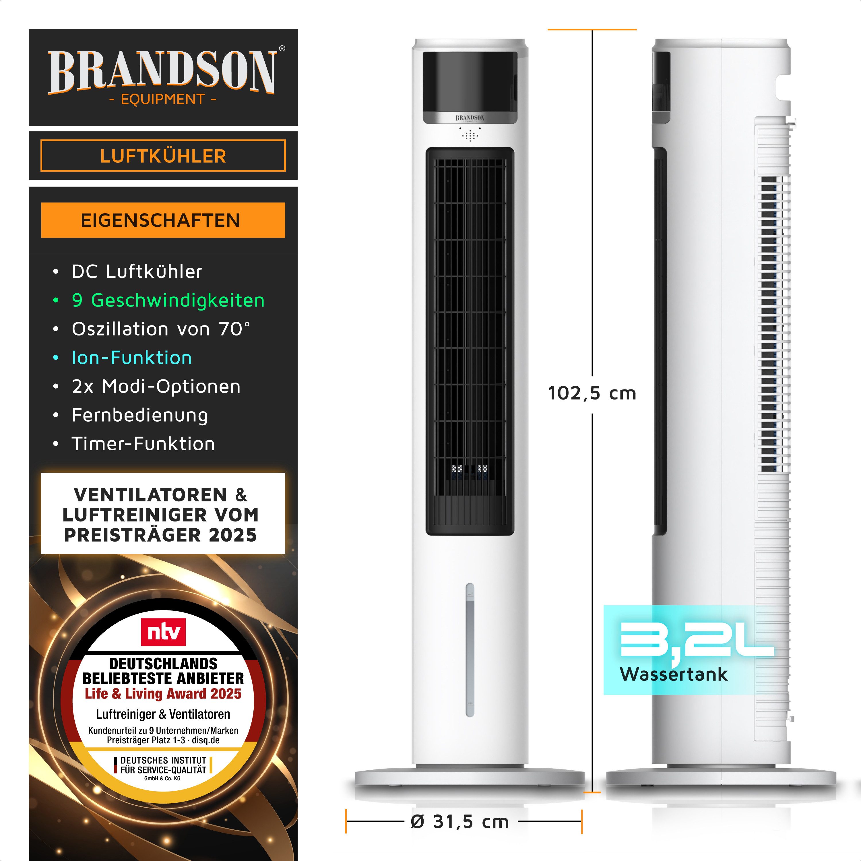 Brandson Ventilatorkombigerät Mobiler Luftkühler, 3,2L Wassertank, Ion-Funktion, Luftbefeuchter, Verdunstungskühler, 9 Stufen, 70° Oszillation, Fernbedienung