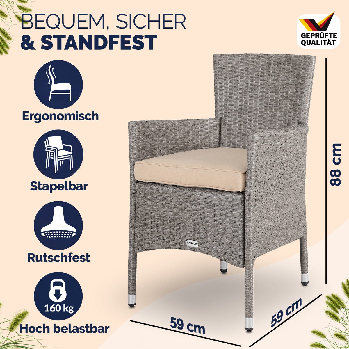 Casaria Gartenstuhl (2 St), Polyrattan 2er Set Stapelbar 7cm Auflagen 160kg Belastbarkeit