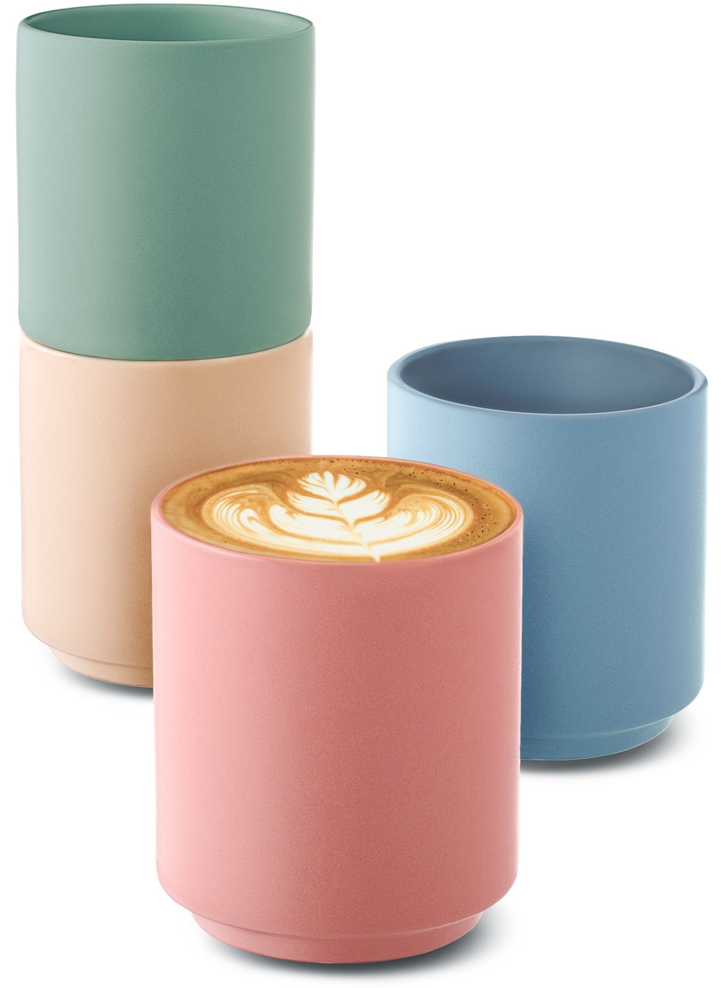 Cosumy Cappuccinotasse Cappuccino Tassen Groß 4er Set - Pastellfarben aus Keramik, 4-tlg., Keramik, Hitzebeständiges Stapelbares Design - Entworfen für Latte Art - 200 ml