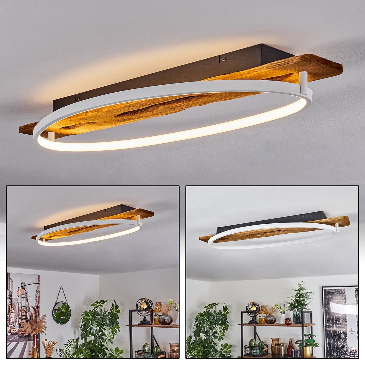 hofstein Deckenleuchte moderne Deckenlampe aus Metall/Holz/Kunststoff in Natur/Weiß, LED wechselbar, 3000 Kelvin, Leuchte mit Holzbalken, 2400 Lumen, LED 20 Watt