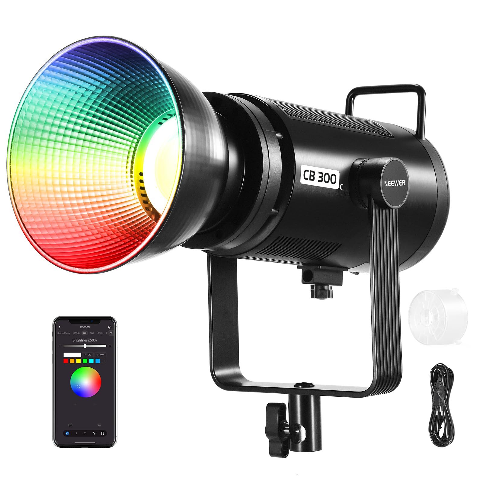 Neewer Videoleuchte CB300C 300W RGB LED Videolicht, mit Reflektor, APP& 2,4G Steuerung, 2500K-7500K CRI97+, 17 Szeneneffekte, Bowens Mount, für Studio