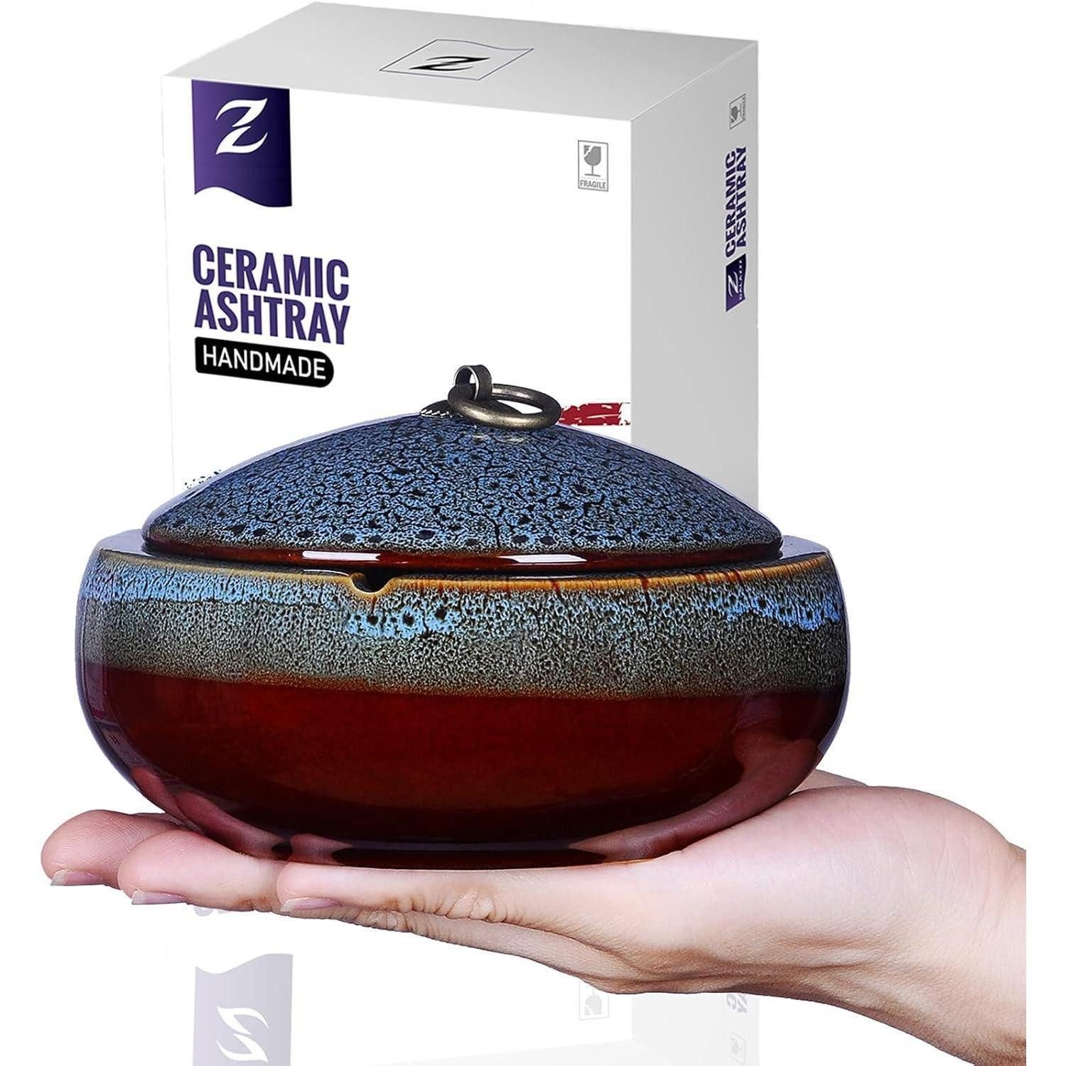 LuxusKollektion Aschenbecher Aschenbecher Keramik mit Deckel Blau 14.5cm
