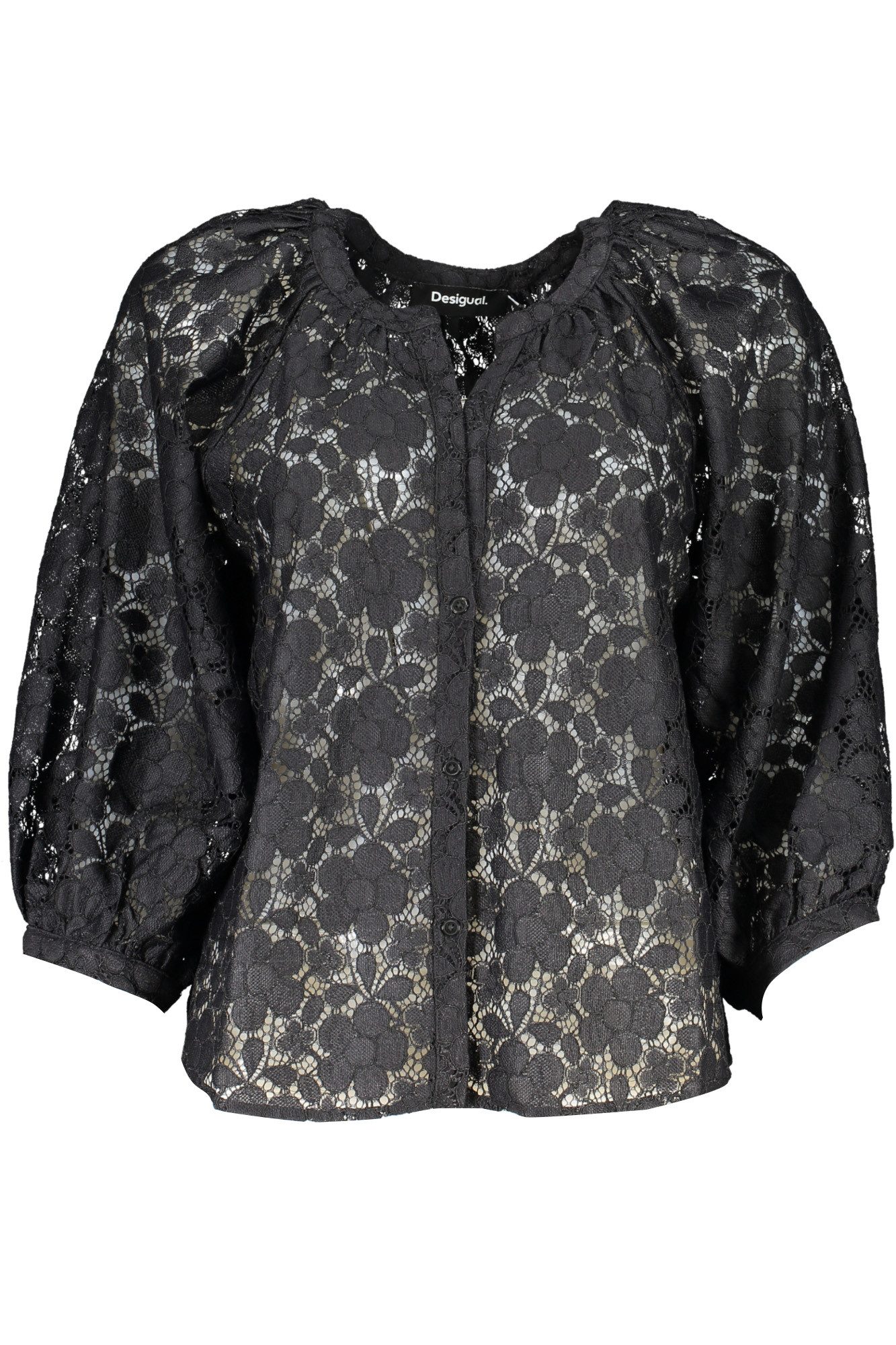 Desigual Blusenshirt Damen Langarm-Hemd Schwarz mit V-Ausschnitt &
