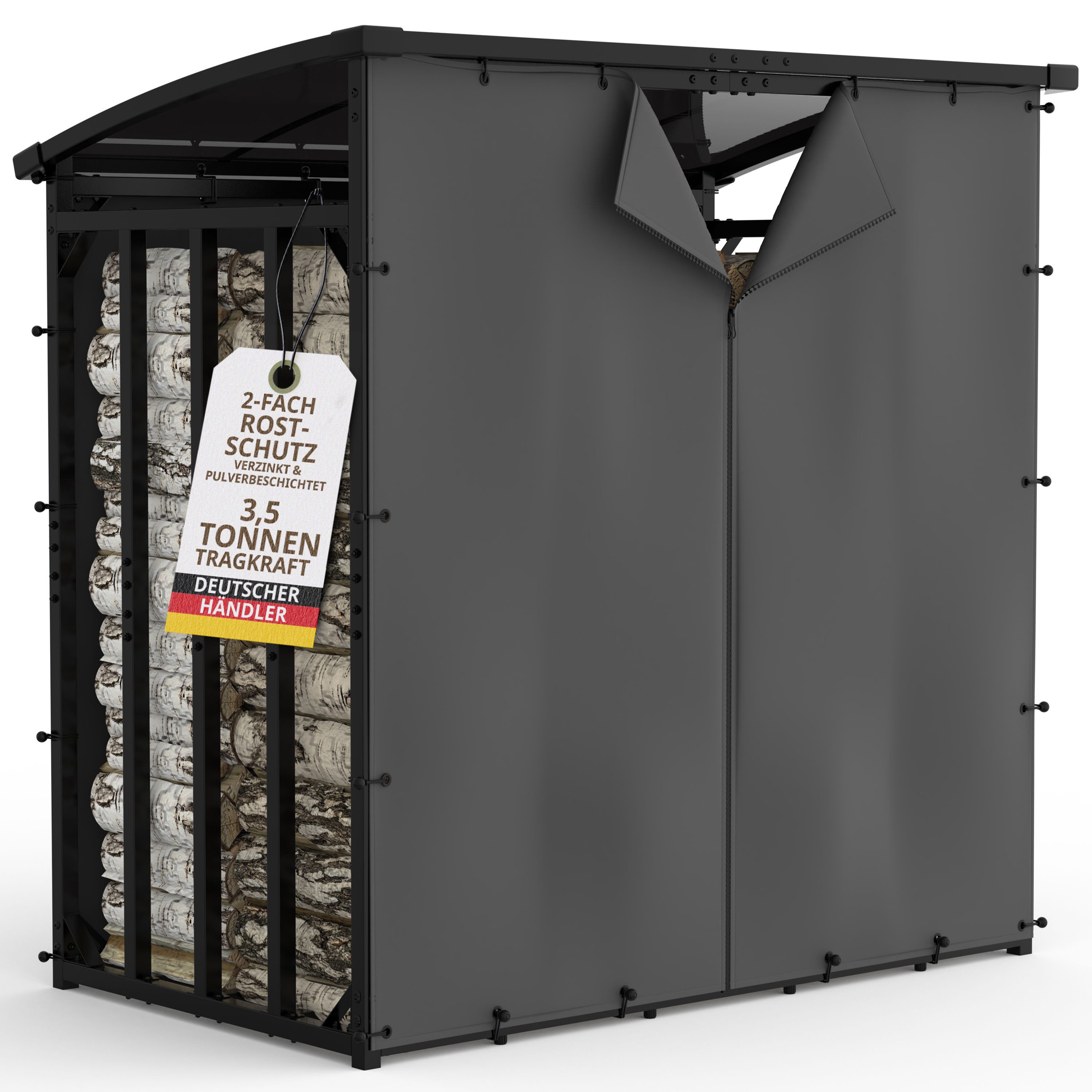 LAWA Living and Lifestyle Kaminholzregal außen Metall Dach Plane 1m tief XXL Design Brennholz Unterstand, BxTxH:185x105x185 cm, 40x40mm Stahl, 1mm stark, für 25cm Holzscheite