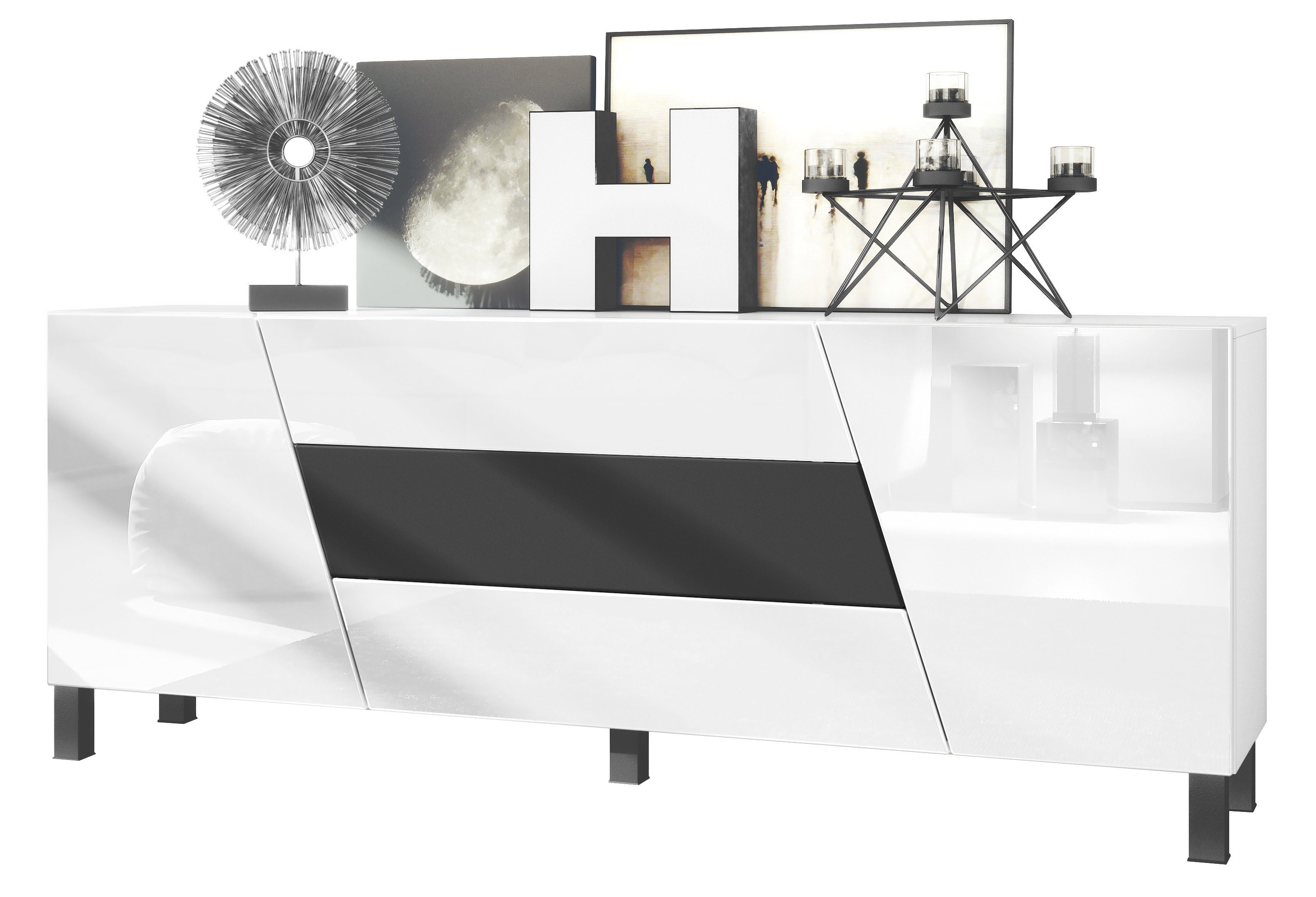 Vladon Sideboard Houston (Kommode, mit 2 Türen und 3 Schubladen), Weiß matt/Weiß Hochglanz/Schwarz matt (178 x 57,5 x 38,5 cm)