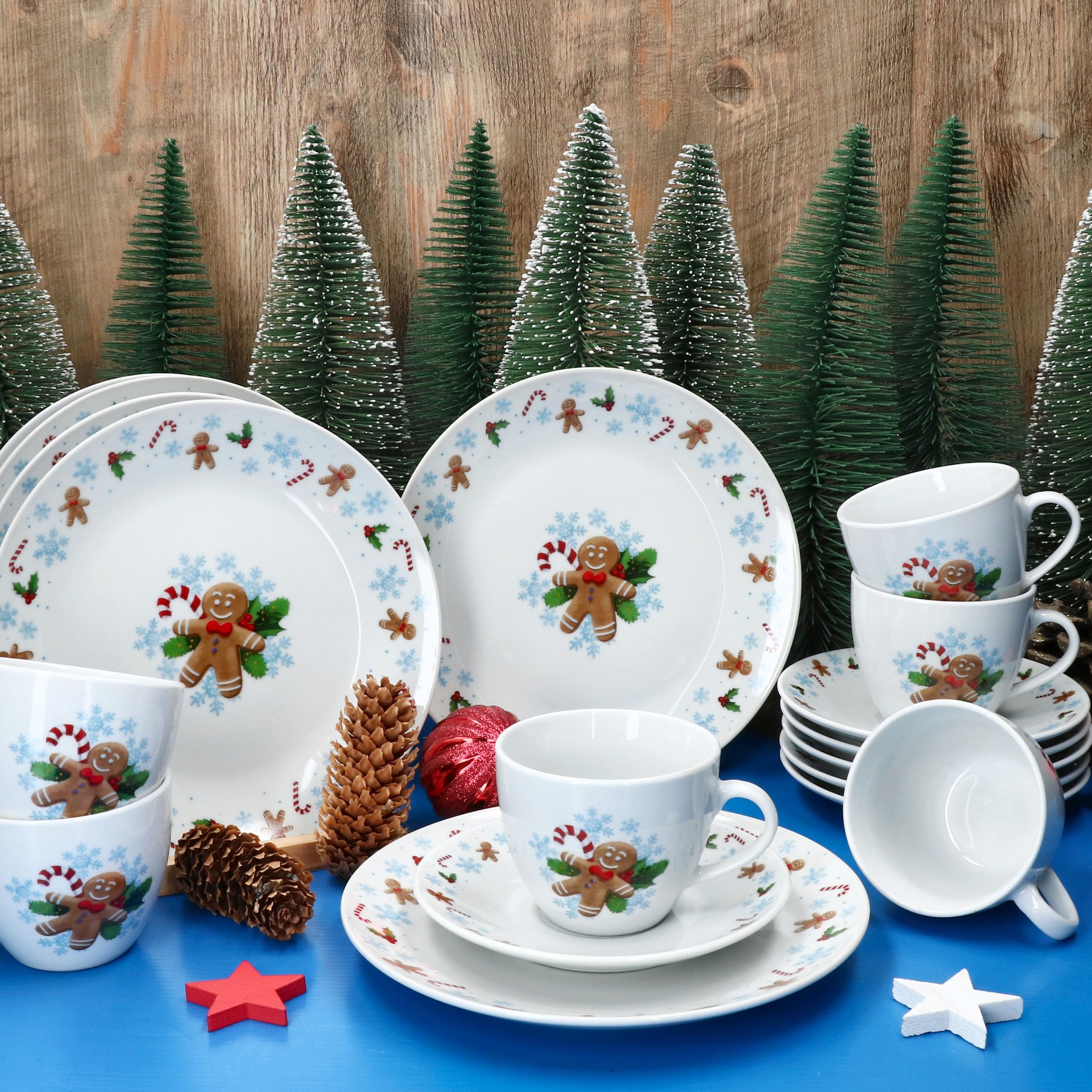 MamboCat Kaffeeservice 18tlg Kaffeeservice Candyman Porzellan 6 Pers. Tassen Teller eisblau, Porzellan, Weihnachtsgeschirr, Winter, Weihnachtsset, Geschirr, Advent