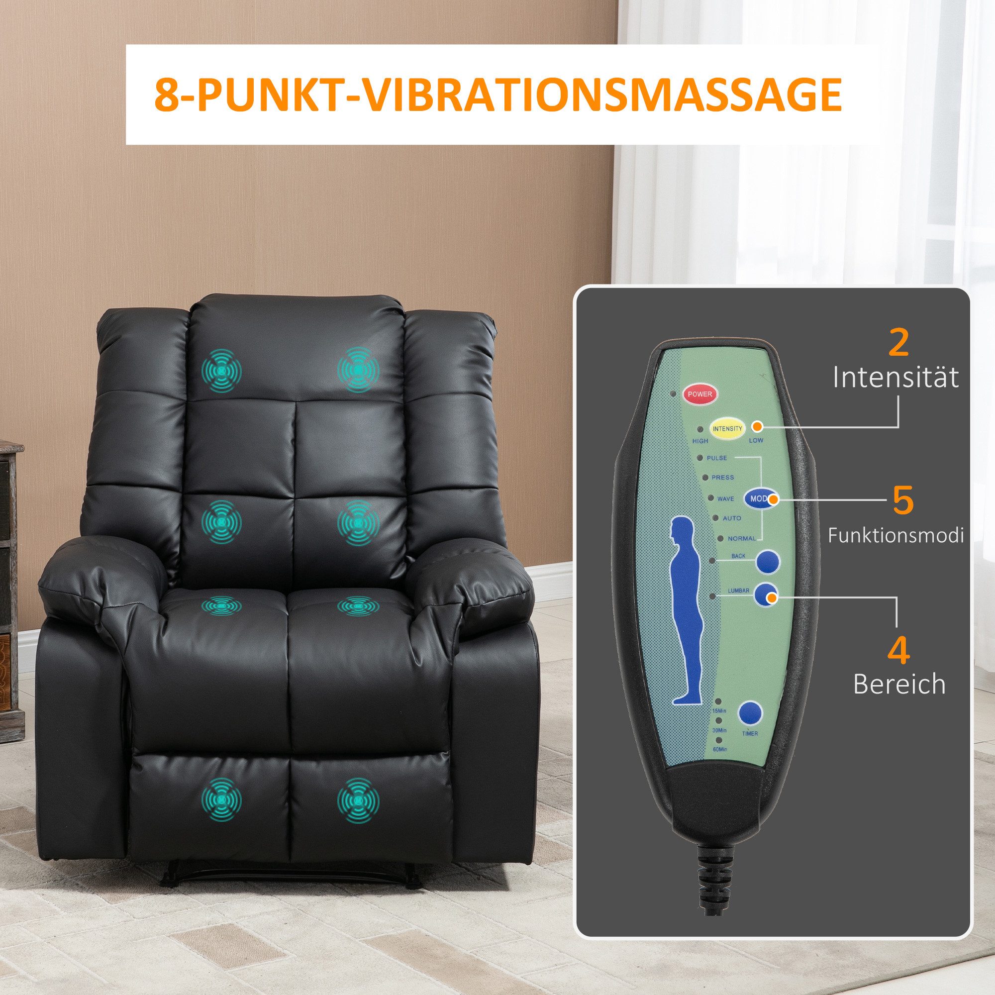 HOMCOM Massagesessel TV Sessel Liegesessel mit Liegefunktion Vibration (Relaxsessel, 1-St., Fernsehsessel), für Wohnbereich, Schwarz – Bild 4 von 5