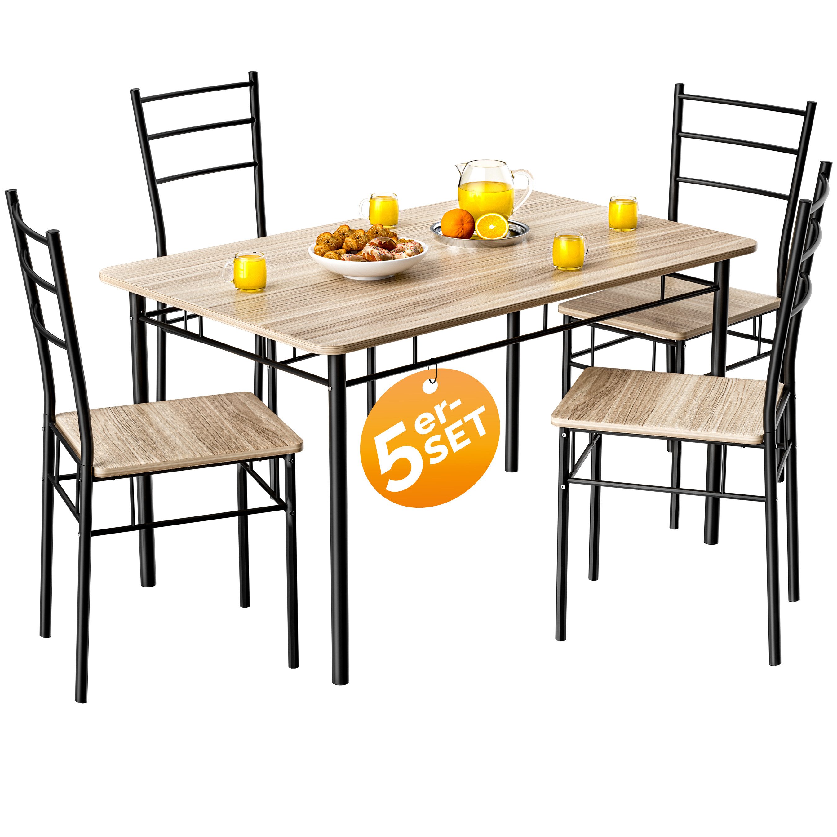 Casaria Essgruppe Leo, (5-tlg), mit 4 Stühlen Holz 5-tlg Set Metall 110x70cm Modern Esszimmer Küche