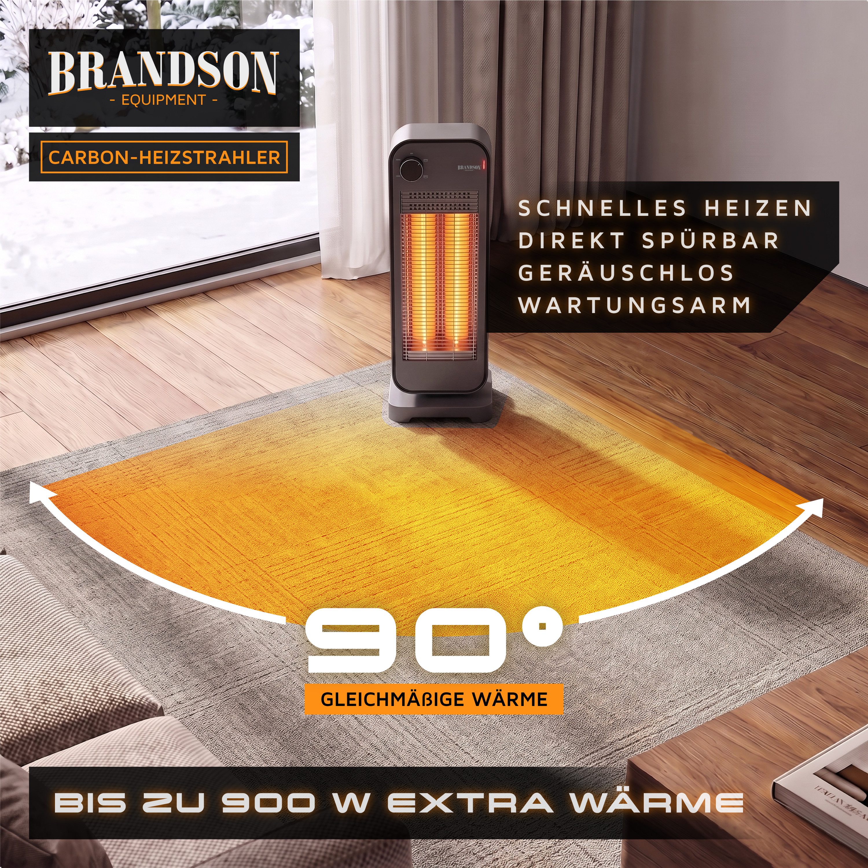 Brandson Infrarotstrahler Carbon Heizstrahler 900 W, 2 Heizstufen, 90° Oszillation, 900 W, 2 Carbon-Heizelemente, flüsterleise, Kippschutz, Standfuß