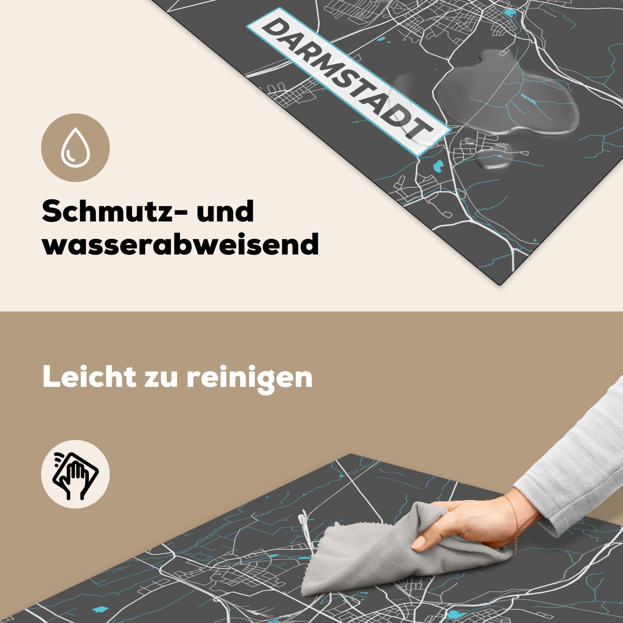 MuchoWow Herdblende-/Abdeckplatte küche Stadtplan - Karte, - cm, - (1 tlg), Vinyl, 78x78 Ceranfeldabdeckung, Karte Deutschland - für Arbeitsplatte Blau - Darmstadt