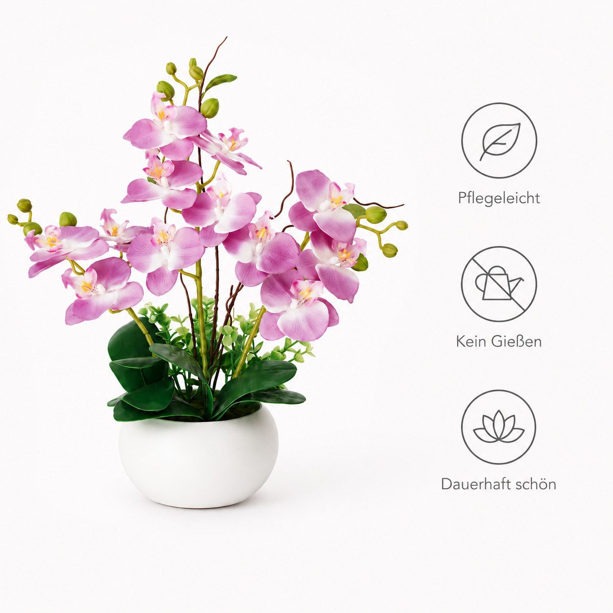 Kunstpflanze Künstliche Orchideen im Topf - Weiße Phalaenopsis Kunstblumen- 36cm orchideen, SURFOU, Dekorative Phalaenopsis mit Seidenblüten & Keramiktopf, Zimmerpflanzen