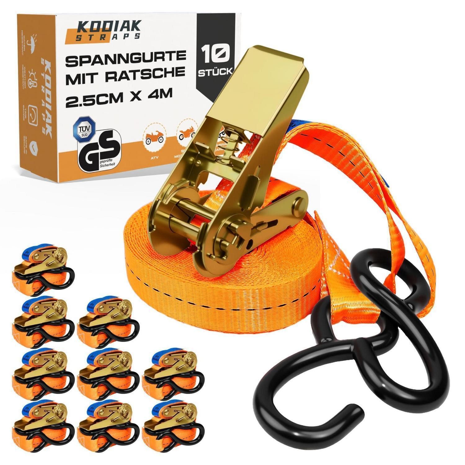 LuxusKollektion Zurrgurt Spanngurte 800kg 25mm Ratsche S Haken TÜV GS DIN EN12195 10 Stück 4m