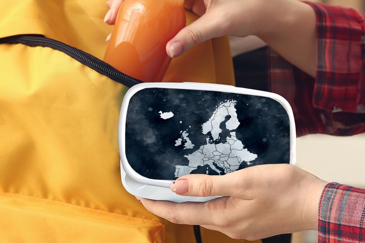 MuchoWow Lunchbox Europa-Karte - Erwachsene, (2-tlg), - Kinder Brotbox Jungs und Brotdose, und für Mädchen Aquarellfarbe weiß für Blau, Kunststoff