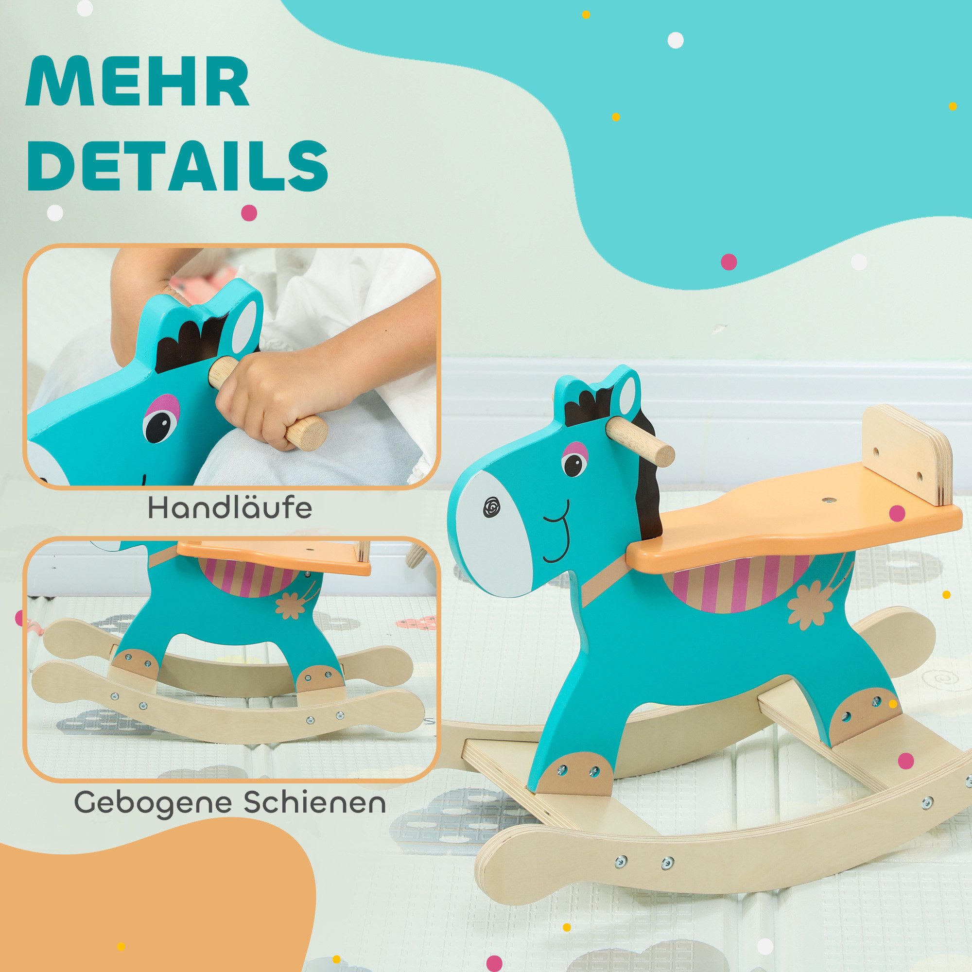 AIYAPLAY Schaukeltier Schaukelpferd Holz mit Haltegriffen Esel, (1 tlg), für Kinder von 2-5 Jahren, Dunkelgrün – Bild 5 von 5