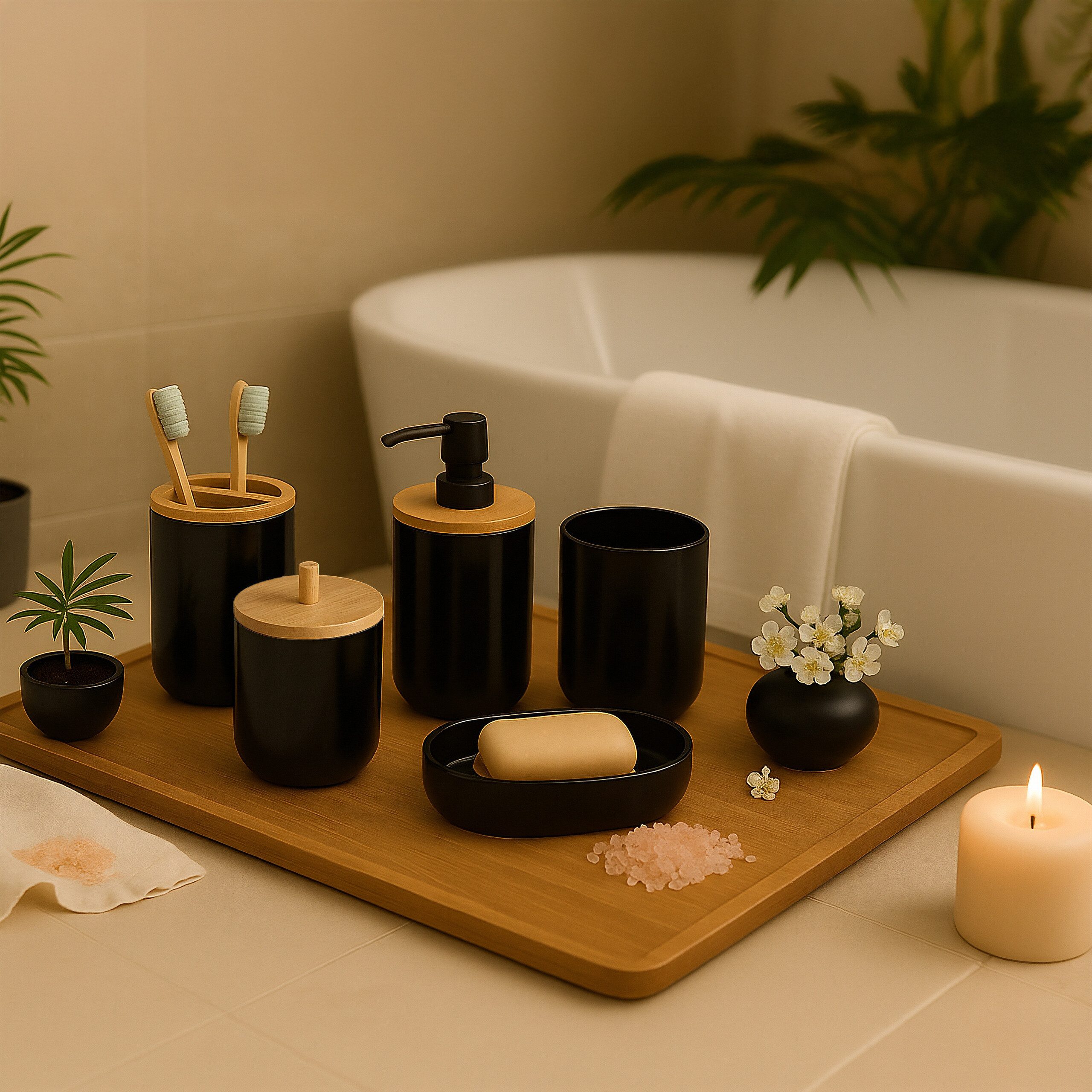 relaxdays Badaccessoire-Set 7-teiliges Badezimmer Set, Schwarz günstig online kaufen