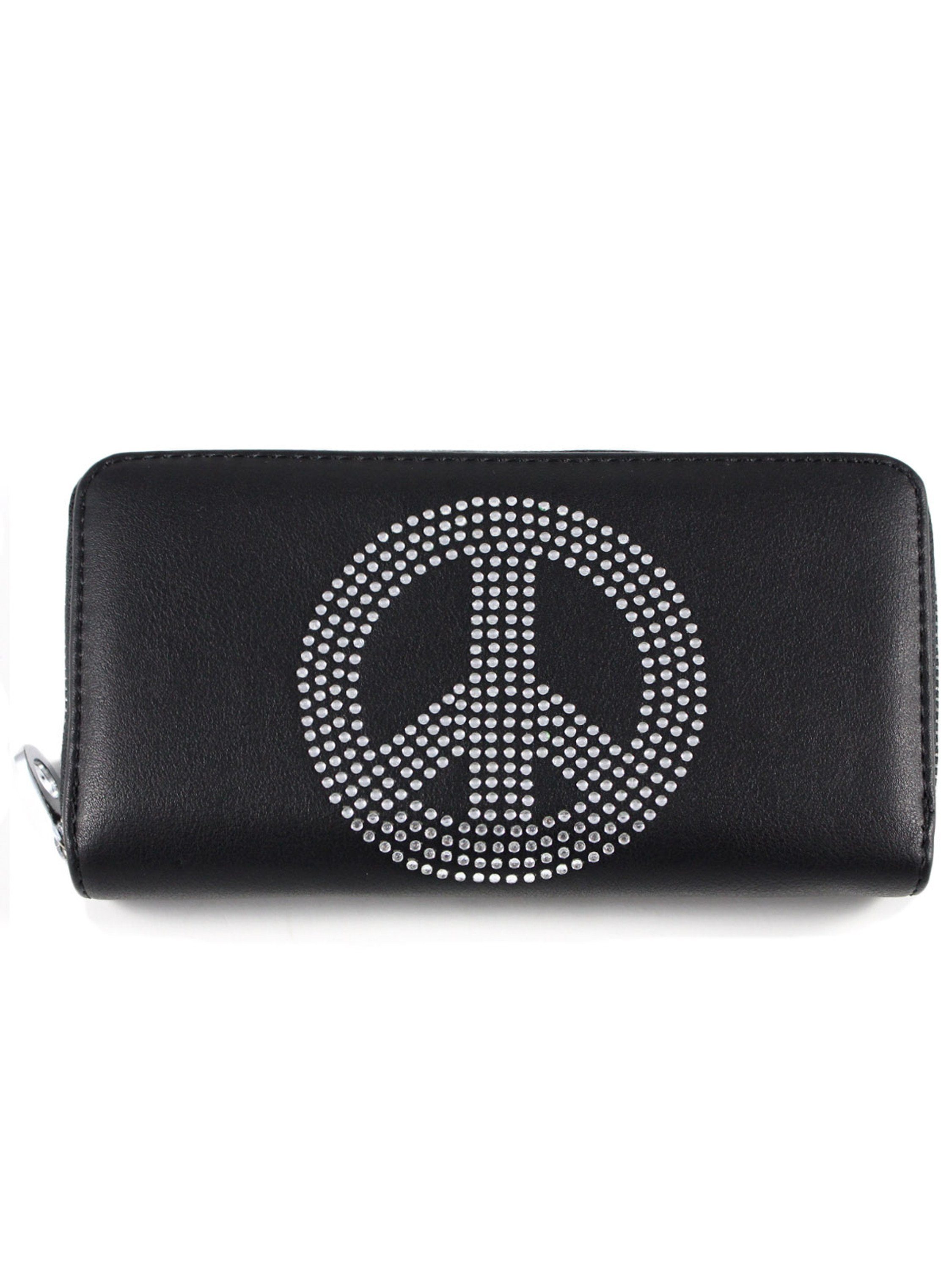 Schompi Geldbörse XL Portemonnaie Friedenszeichen Peace Sign Strass Brieftasche mit Handyfach, Handytasche Groß Querformat Lang