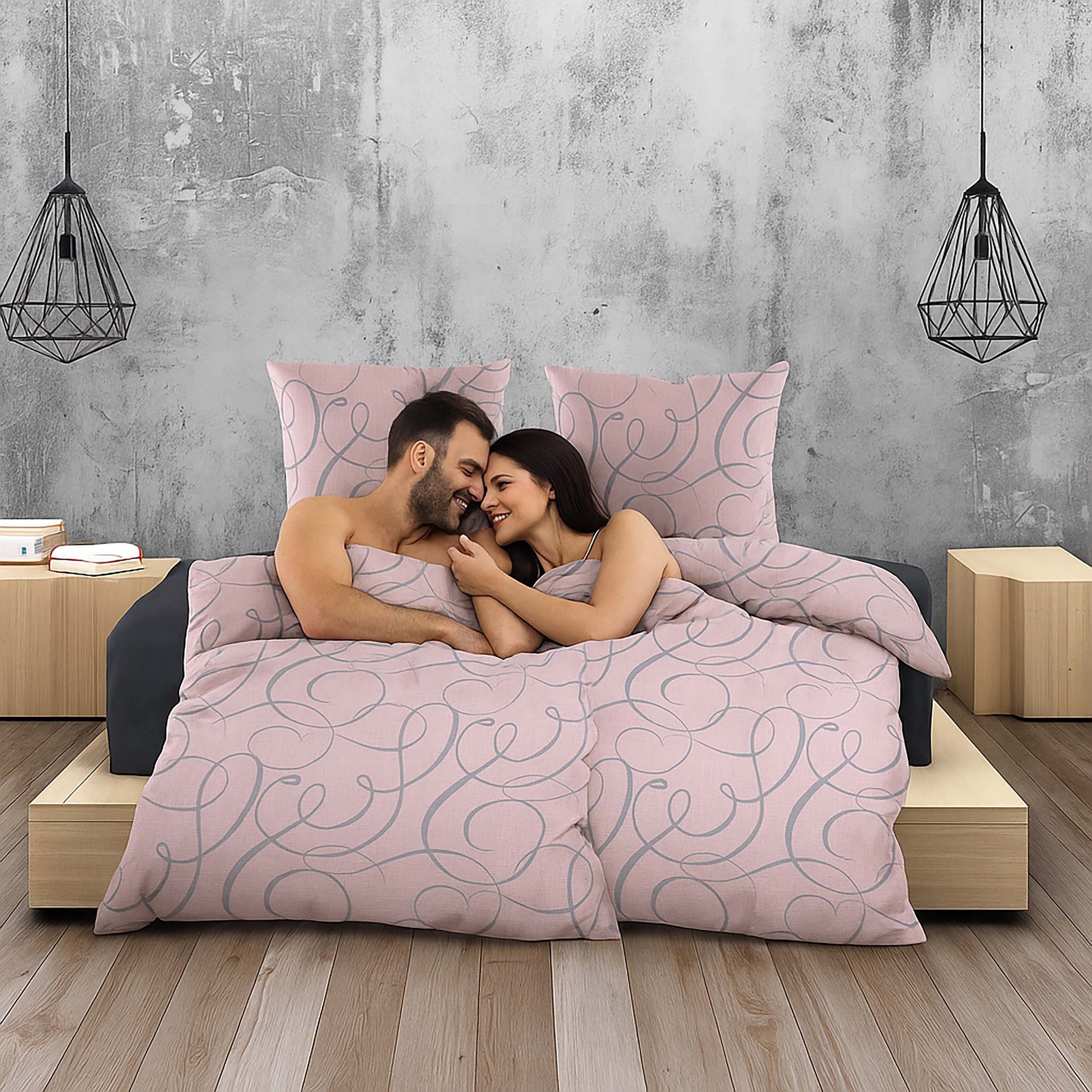Casa Colori Bettwäsche Romantische Seersucker Bettwäsche in Rosa Peach mit Schnörkelmuster, Seersucker, 4 teilig, Decke 135x200 cm, Kissen 80x80 cm