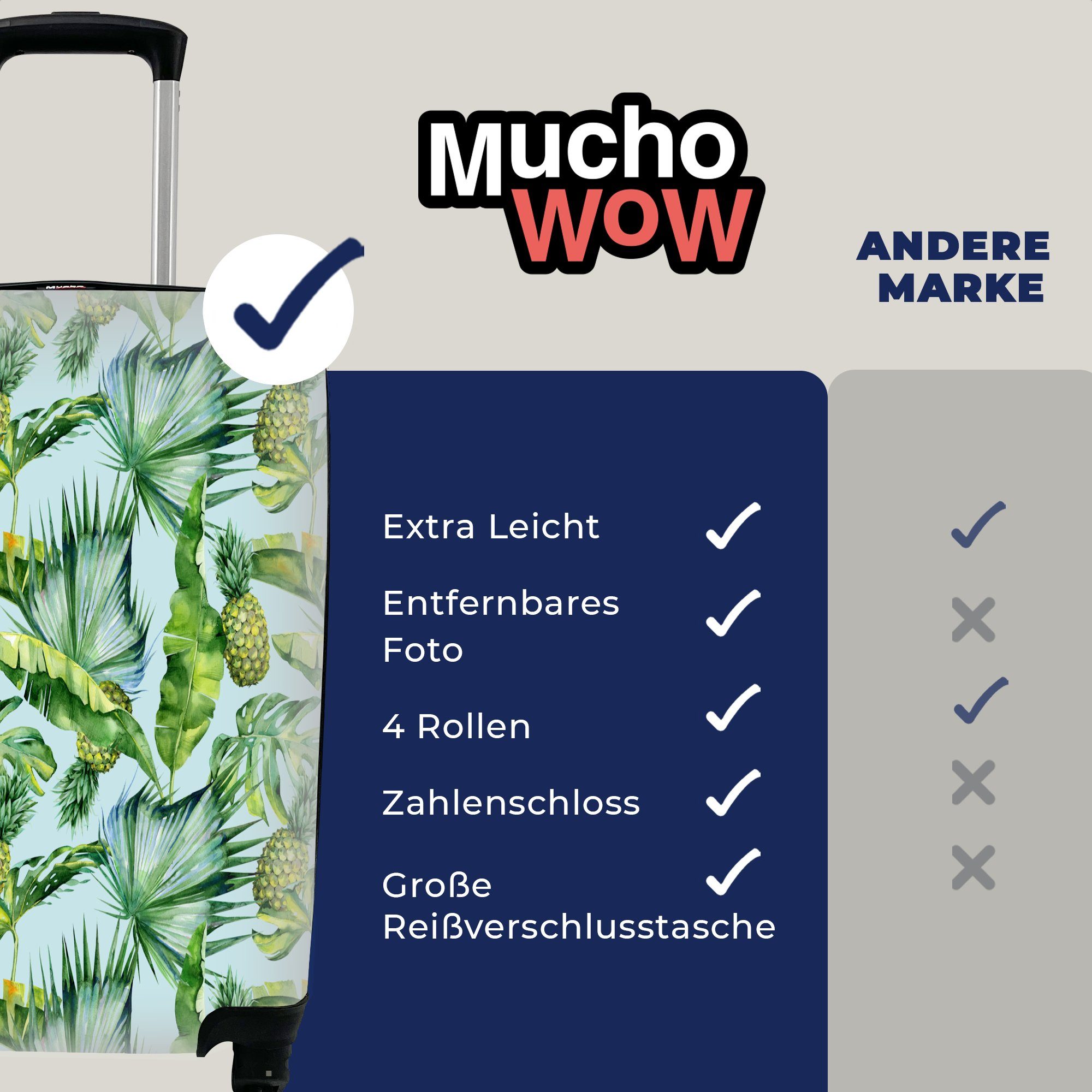 für MuchoWow - 4 Reisetasche Ferien, Vintage, Ananas Rollen, Handgepäck rollen, Blätter Handgepäckkoffer Reisekoffer - mit Trolley,