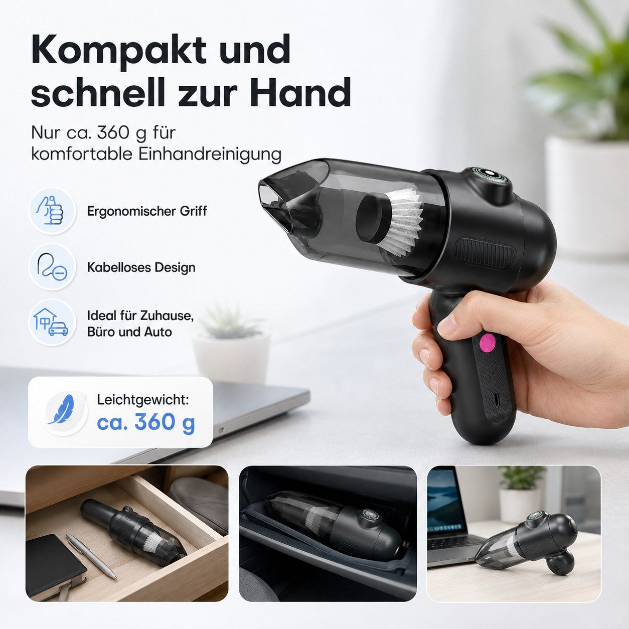 Diyarts Akku-Handstaubsauger, beutellos, LED-Anzeige, 300-ml-Staubbehälter, USB-C und 5 Aufsätze