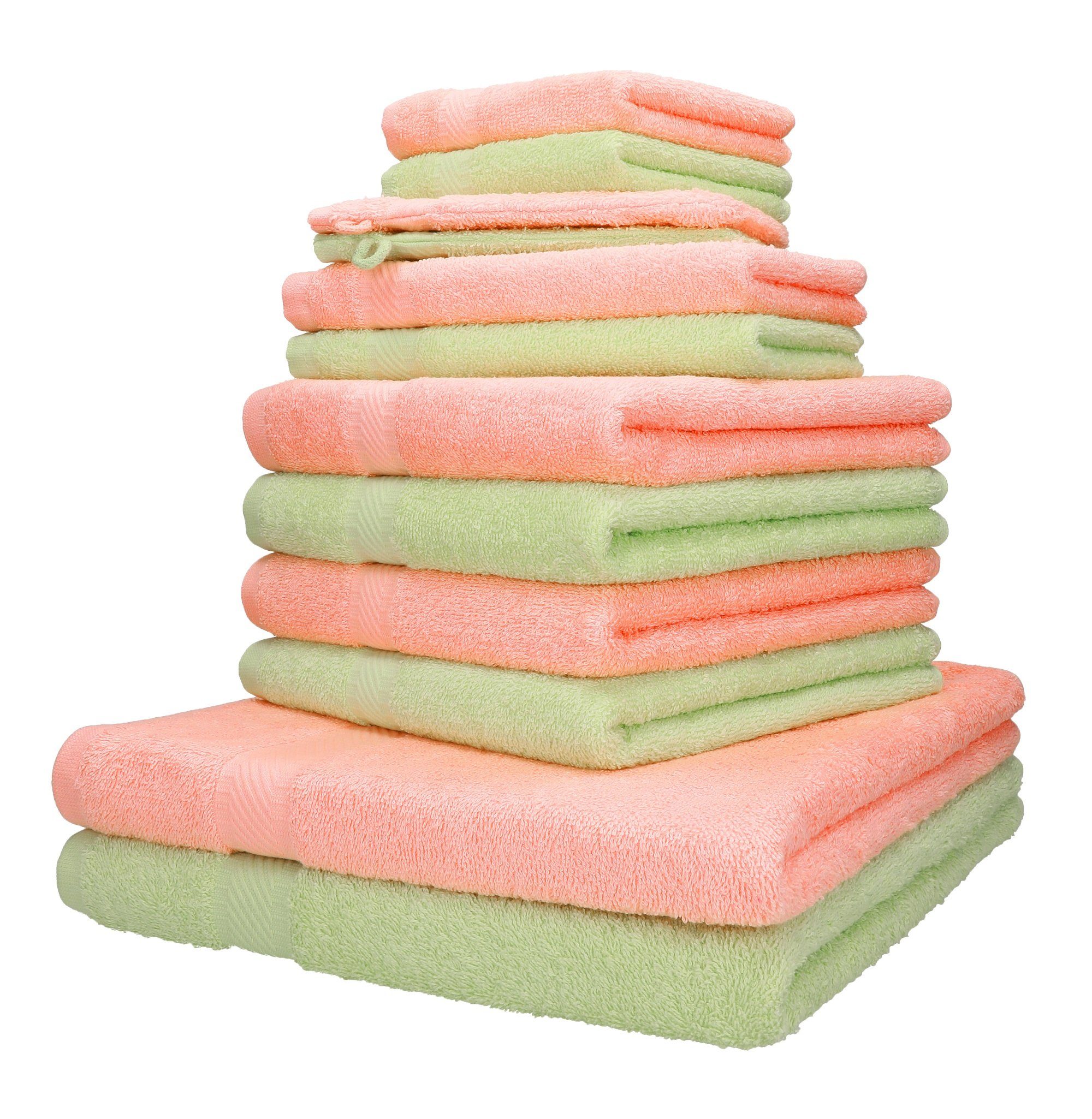 Betz Handtuch Set 12-TLG. Handtuch-Set Palermo 100% Baumwolle 2 Liegetücher  4 Handtücher 2 Gästetücher 2 Seiftücher 2 Waschhandschuhe Farbe apricot und  grün, 100% Baumwolle, (12-tlg) | Handtuch-Sets