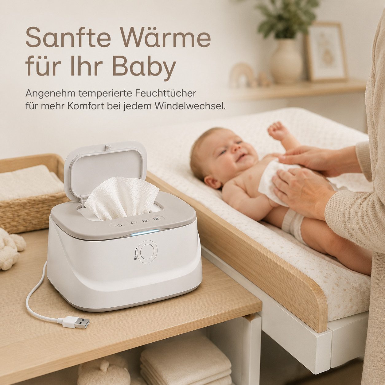 Tekoo Feuchttücherbox Baby-Feuchttuchwärmer mit 3-stufigem Nachtlicht & USB-Anschlu, 3 Temperaturstufen (50/55/60°C),Top-Heating-Technologie