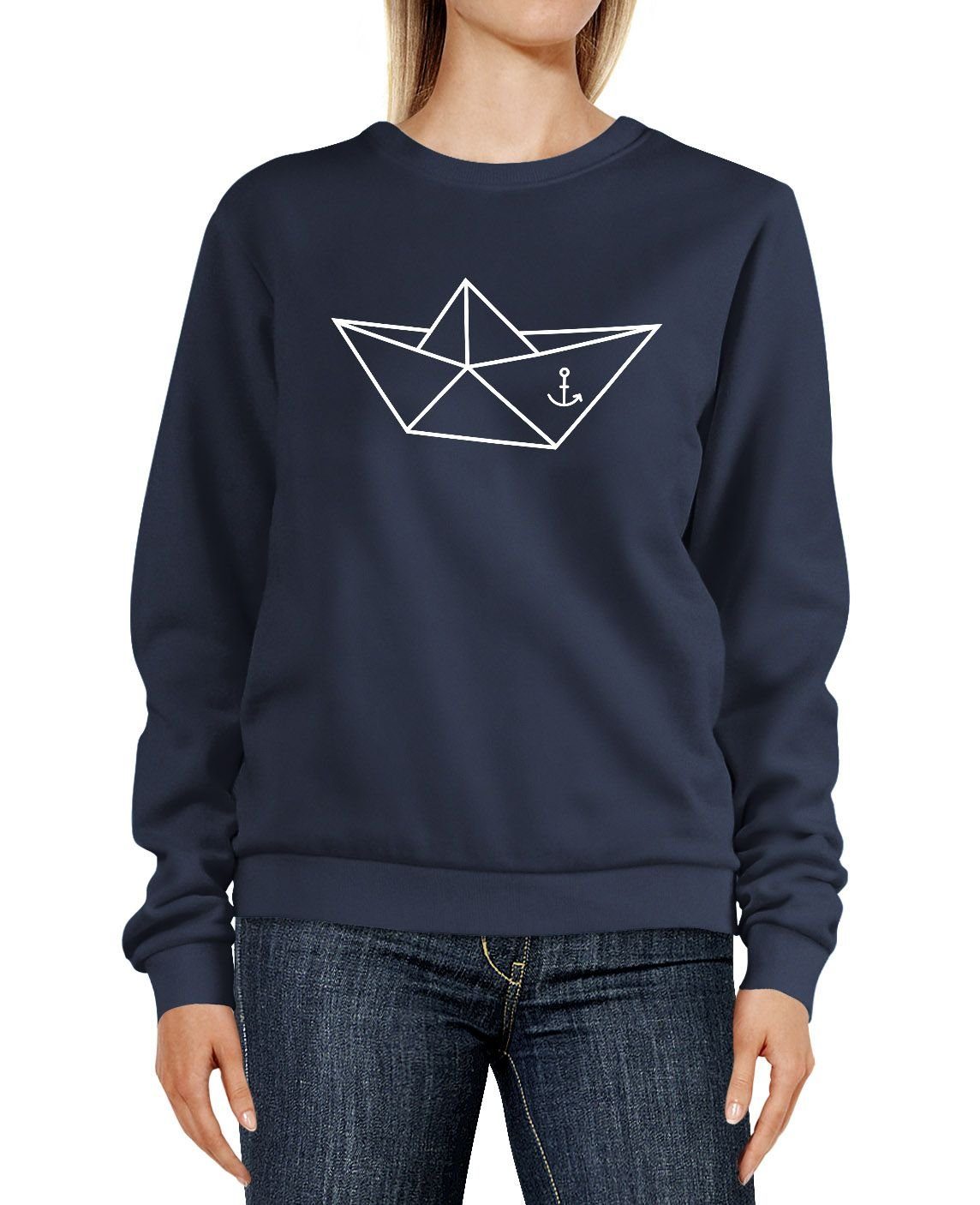 Origami Papier-Schiffchen Schiff Sweatshirt Anker Polygon Neverless Sweatshirt Pulli Aufdruck Seemann maritim Damen Rundhals-Pullover Sweater Neverless®